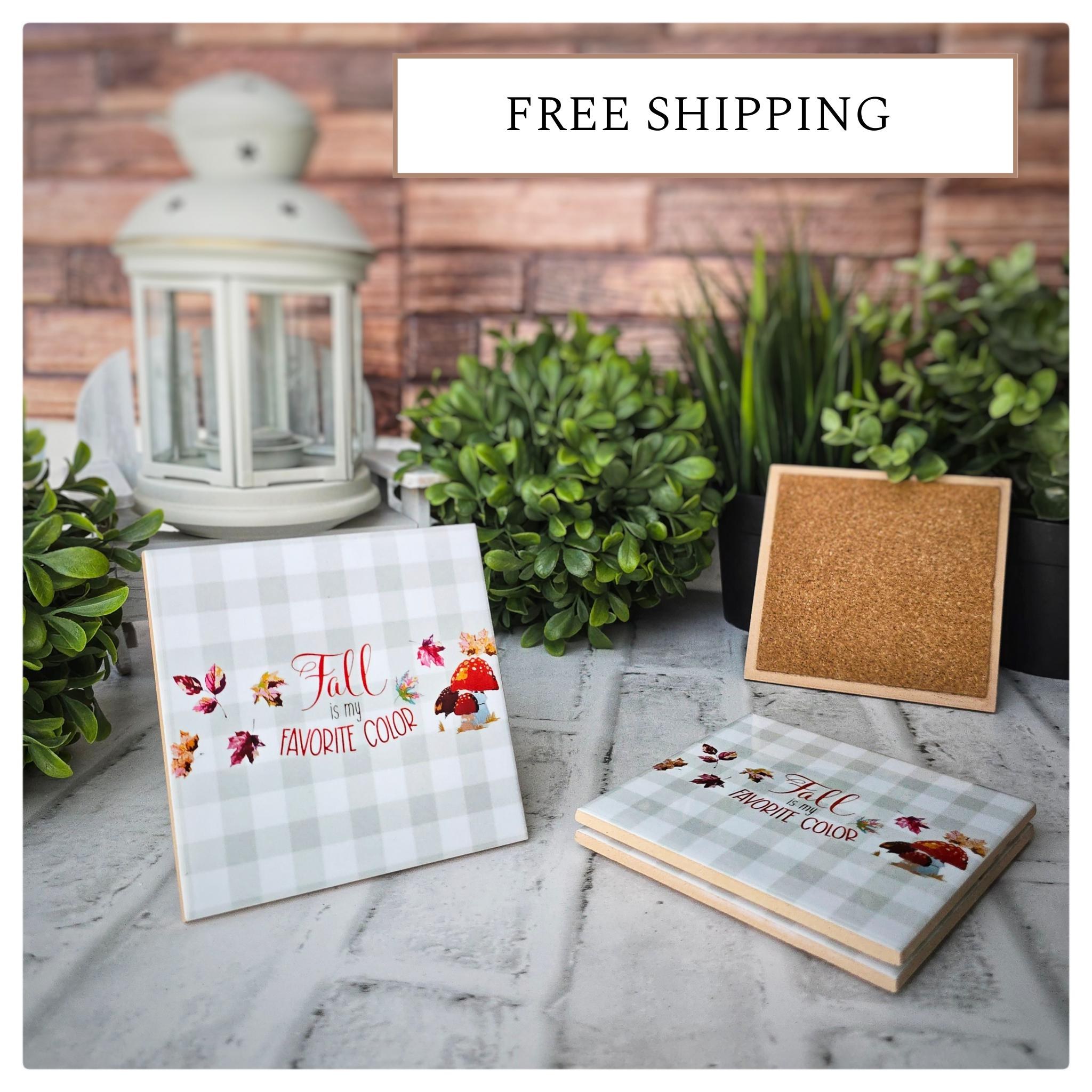 Fall Ceramic Coasters: Autumn Leaves & Mushrooms - Set of 4