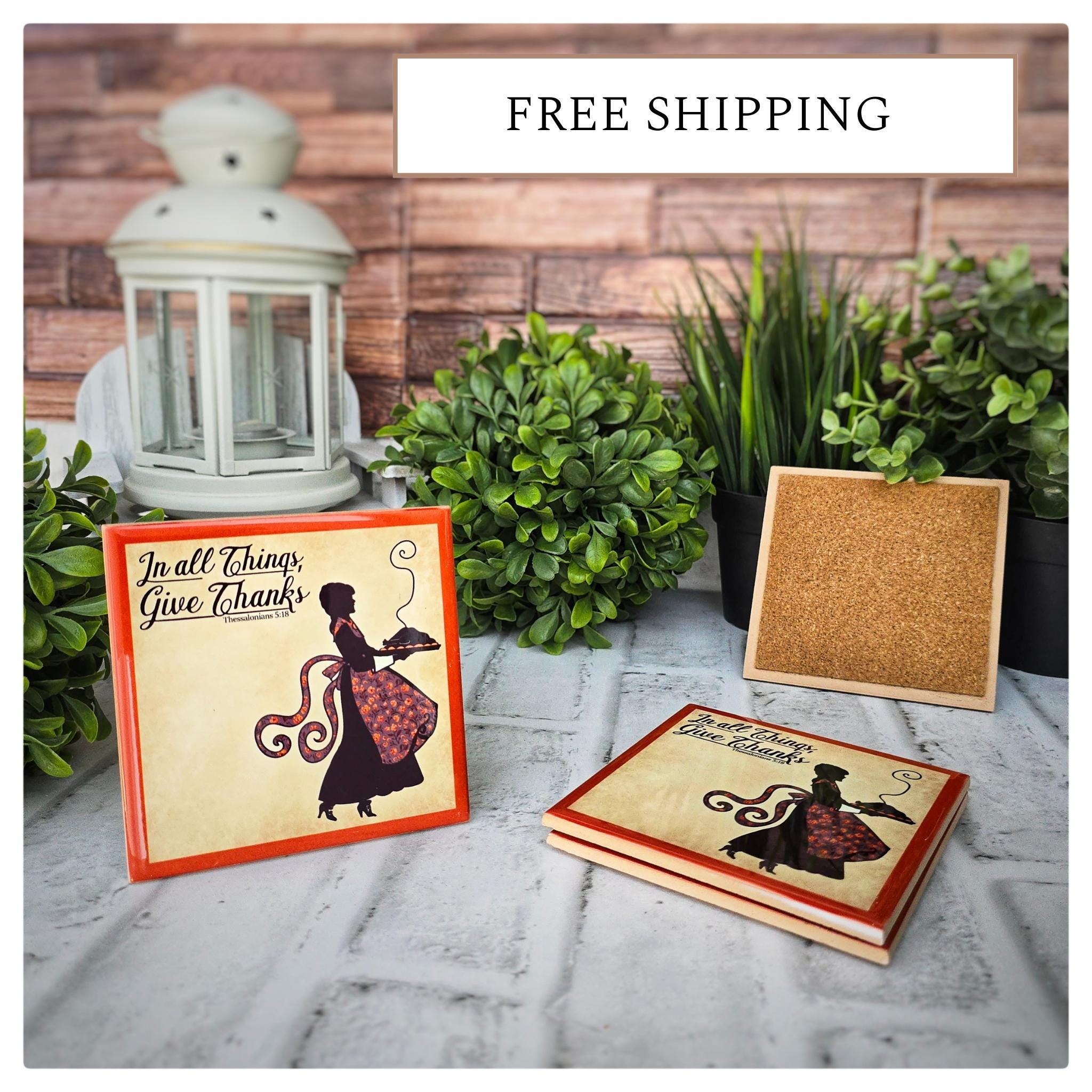 Ceramic Thanksgiving Coasters: Give Thanks Silhouette Design