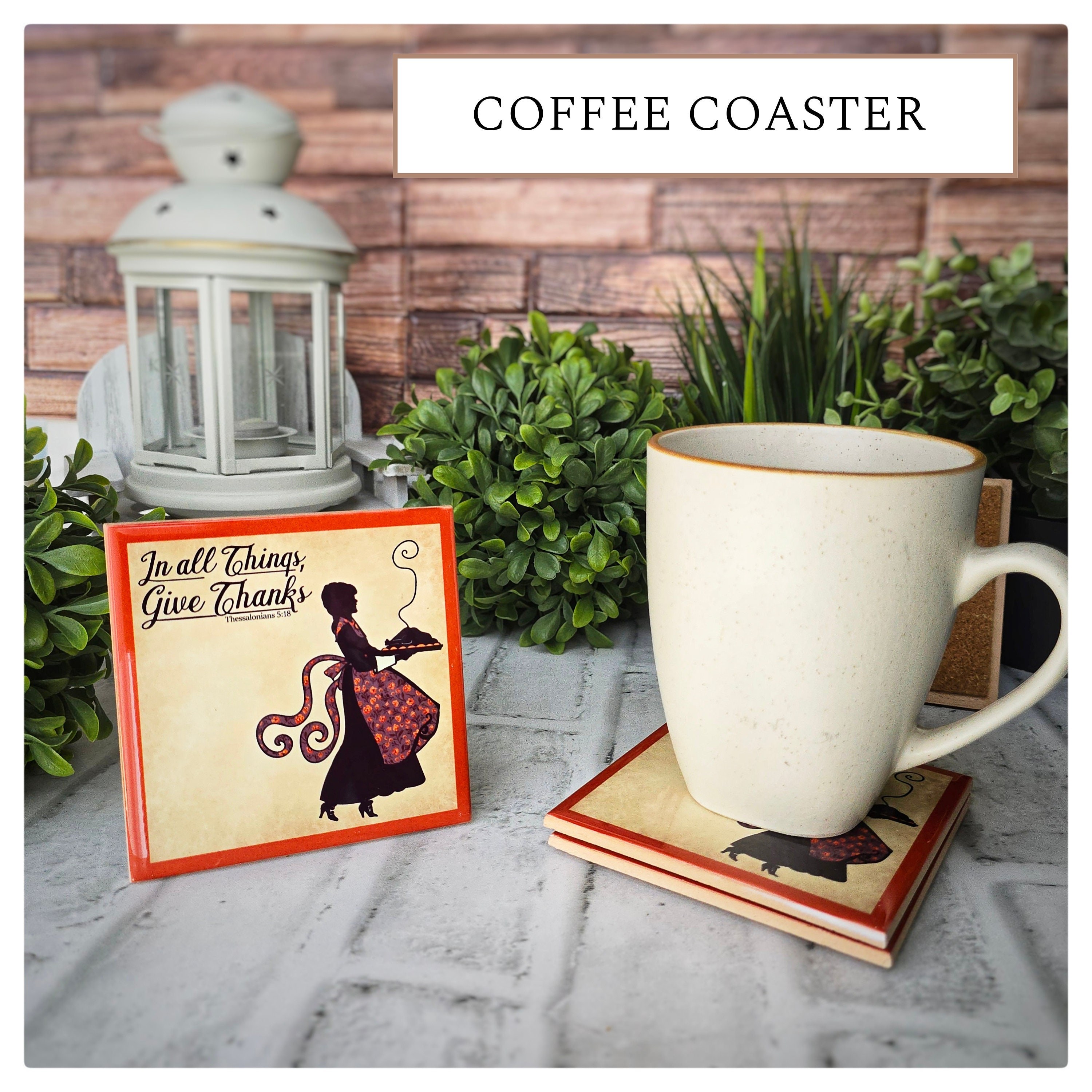 Ceramic Thanksgiving Coasters: Give Thanks Silhouette Design, detail 2