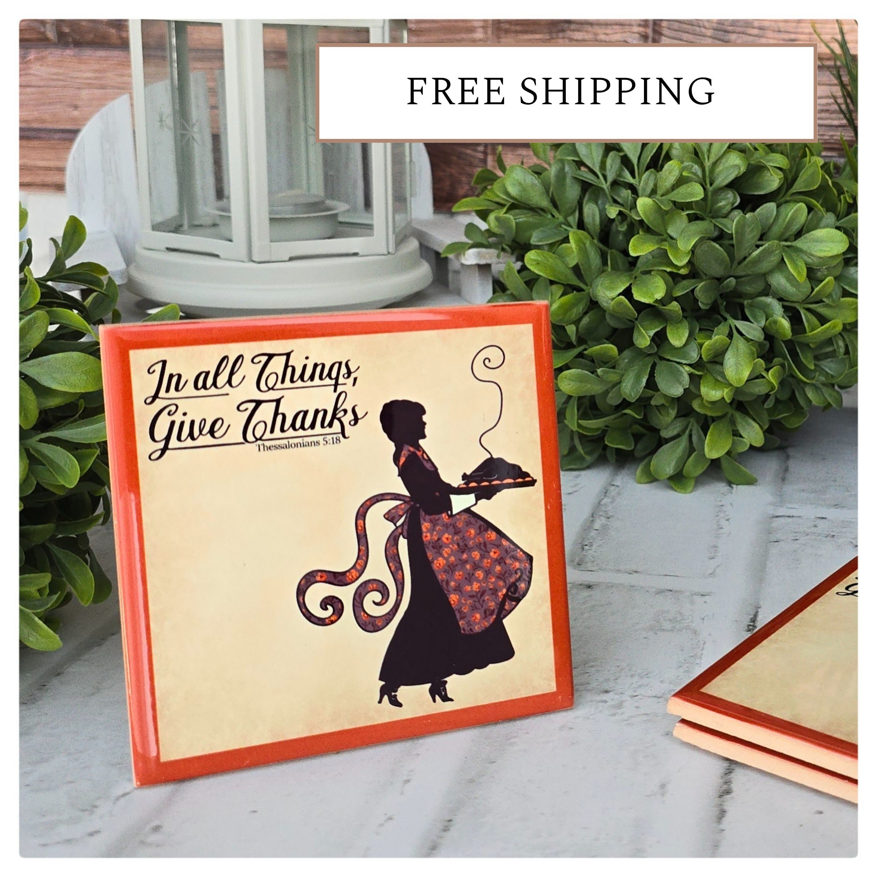 Ceramic Thanksgiving Coasters: Give Thanks Silhouette Design, detail 8