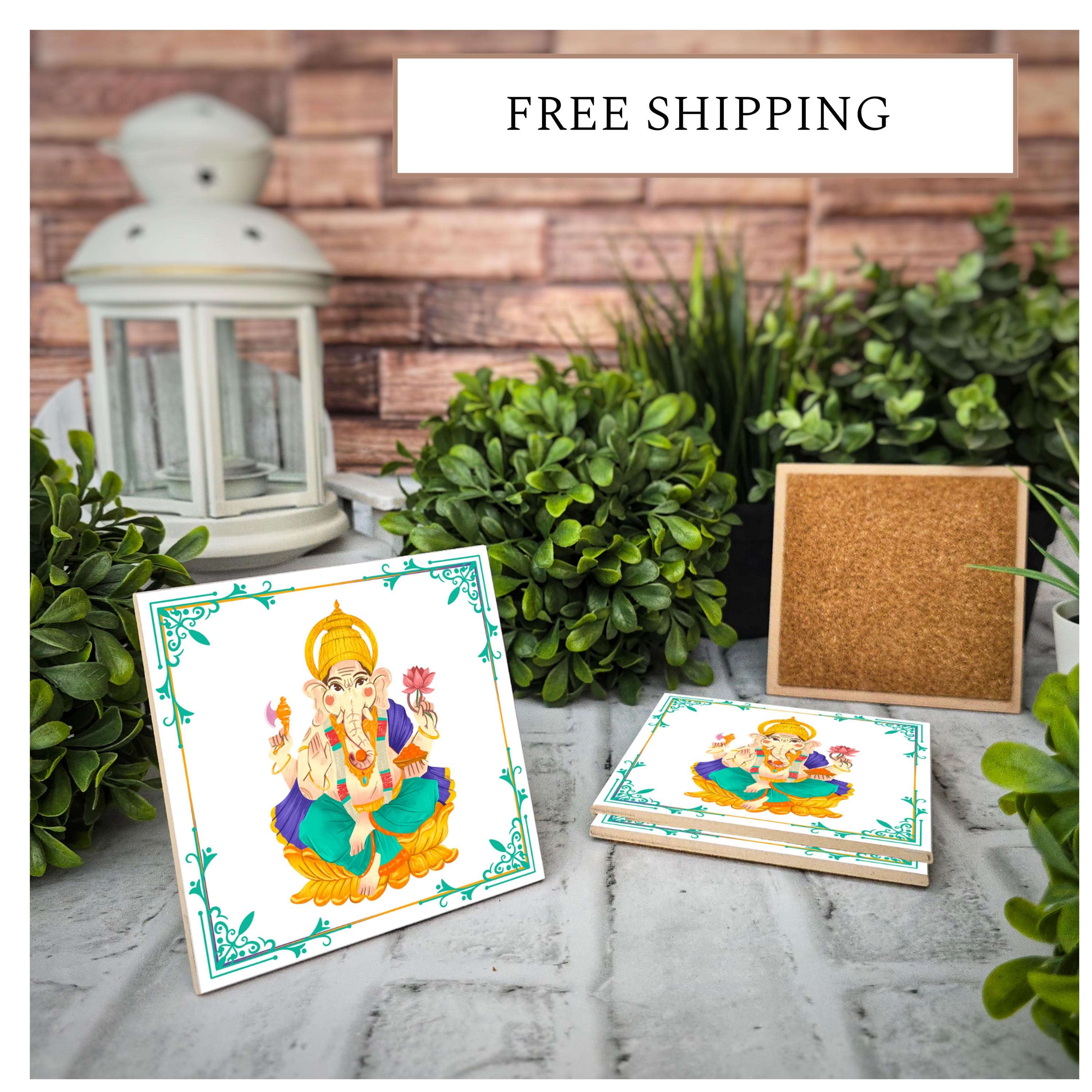 Indian Ganesha Ceramic Coasters - Set of 4, Cork Back