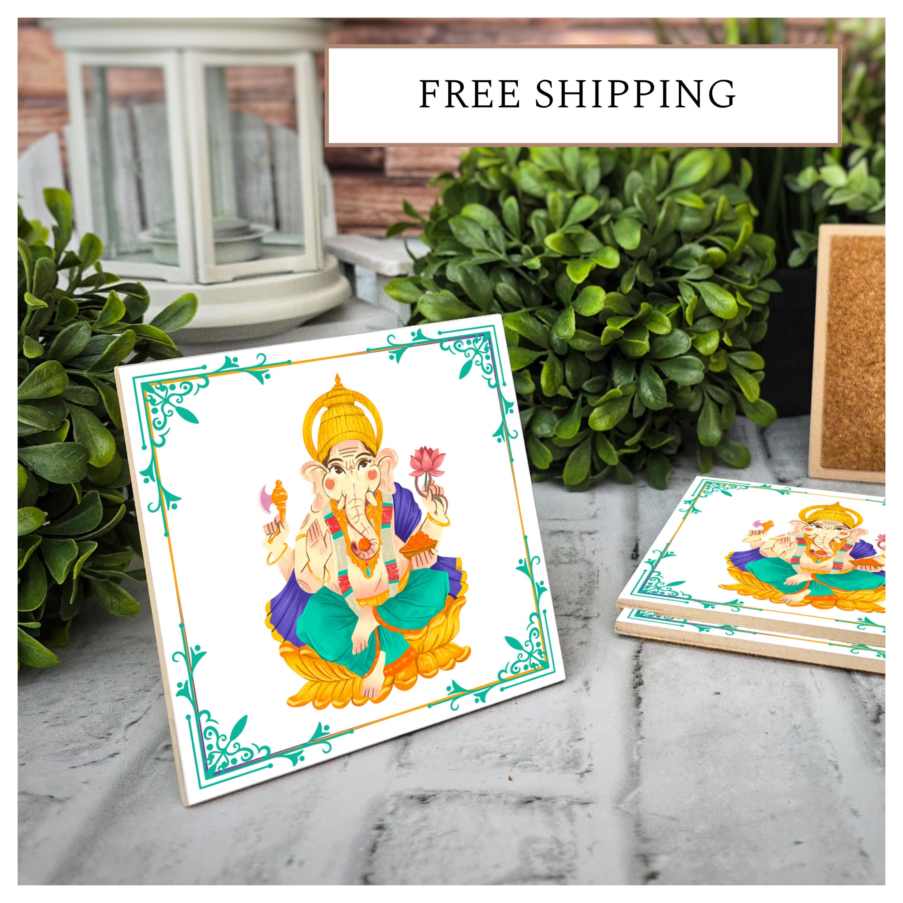 Indian Ganesha Ceramic Coasters - Set of 4, Cork Back, detail 2