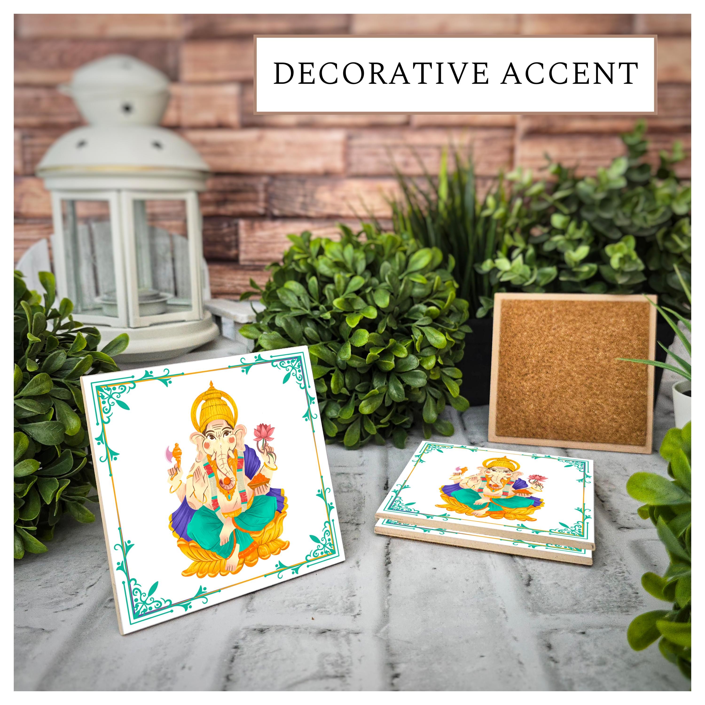 Indian Ganesha Ceramic Coasters - Set of 4, Cork Back, detail 3