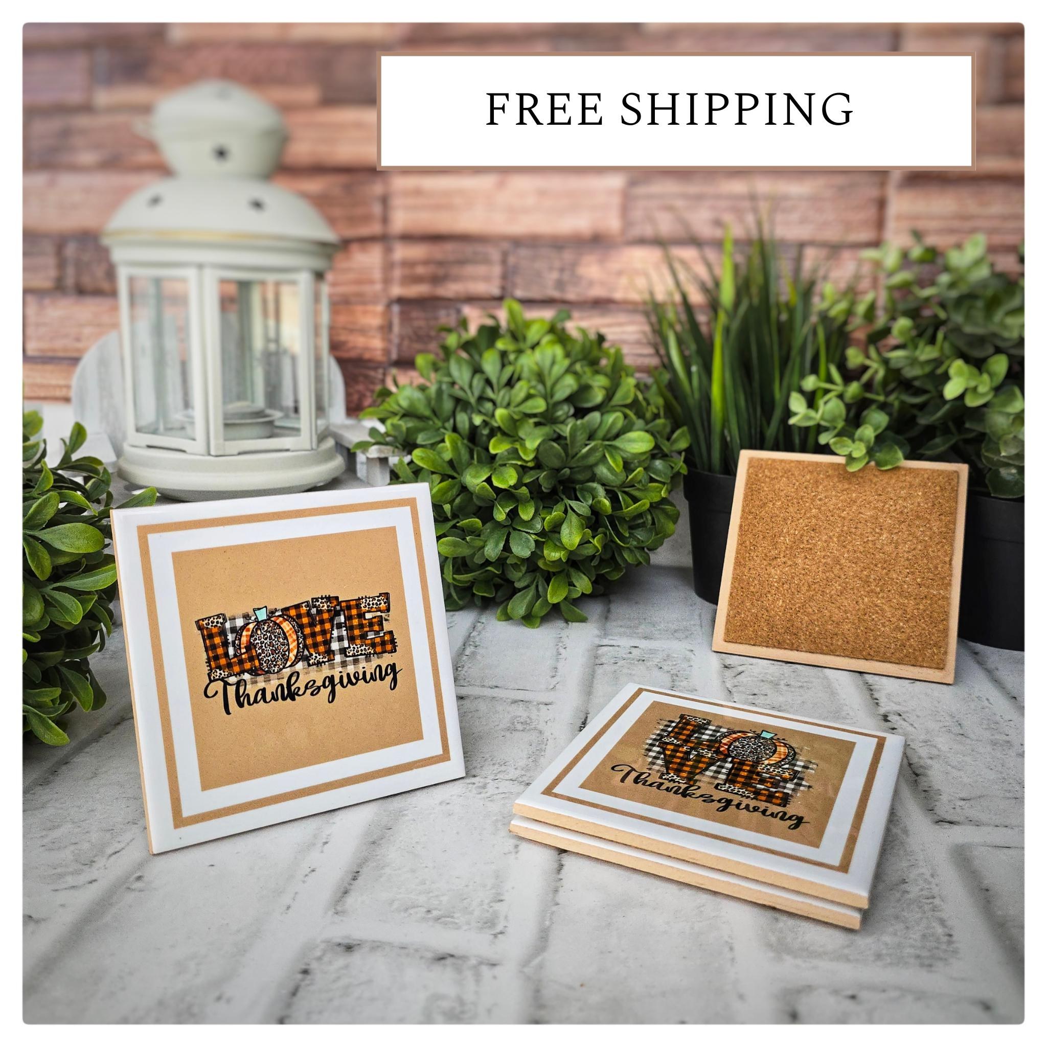 Thanksgiving Ceramic Coasters: Plaid Pumpkin 'Love' Design