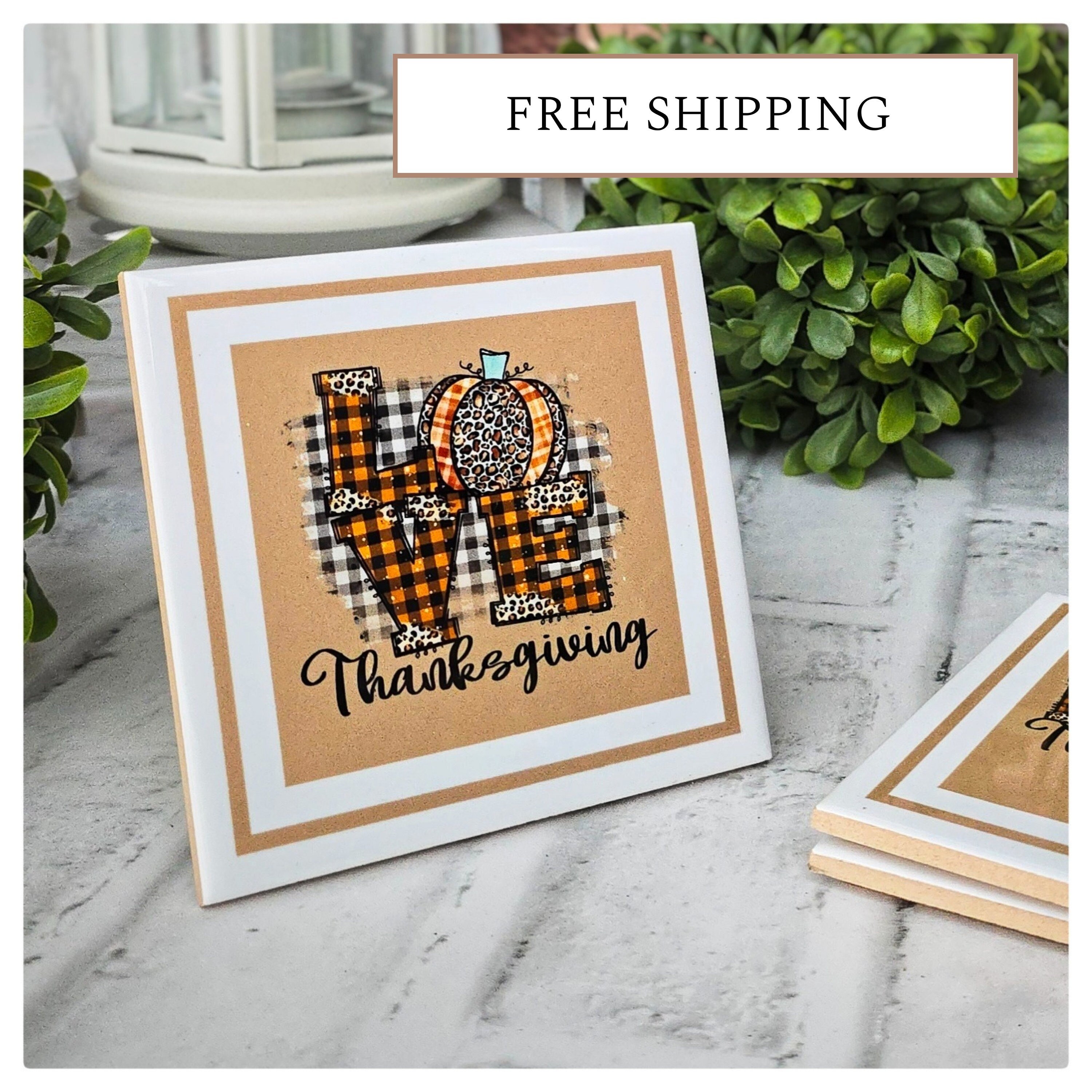 Thanksgiving Ceramic Coasters: Plaid Pumpkin 'Love' Design, detail 2