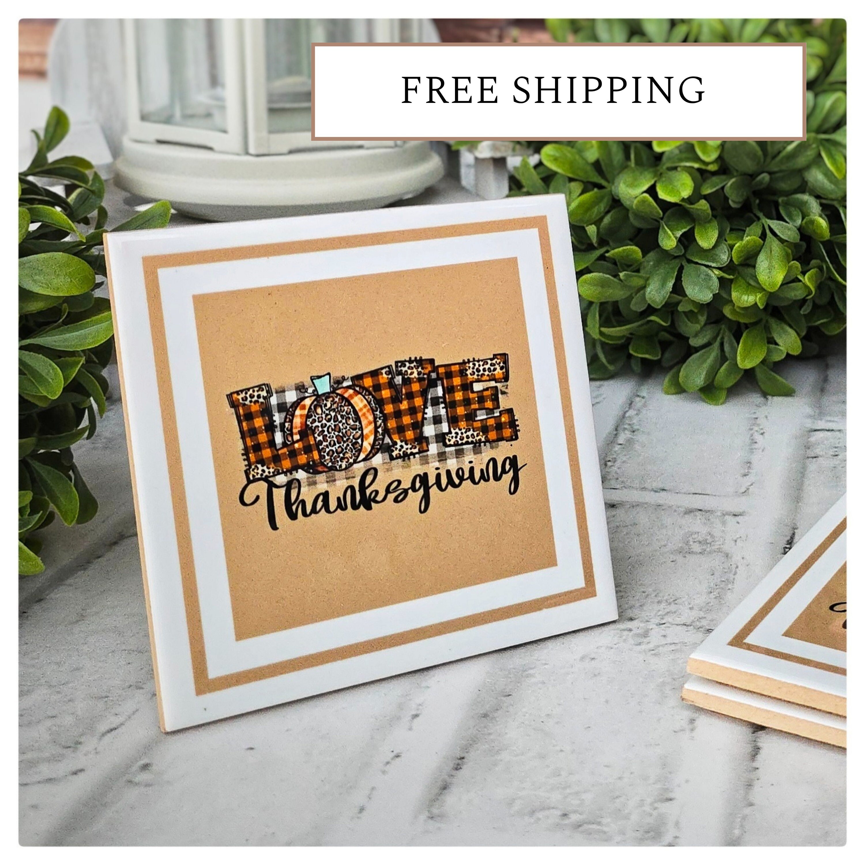Thanksgiving Ceramic Coasters: Plaid Pumpkin 'Love' Design, detail 3