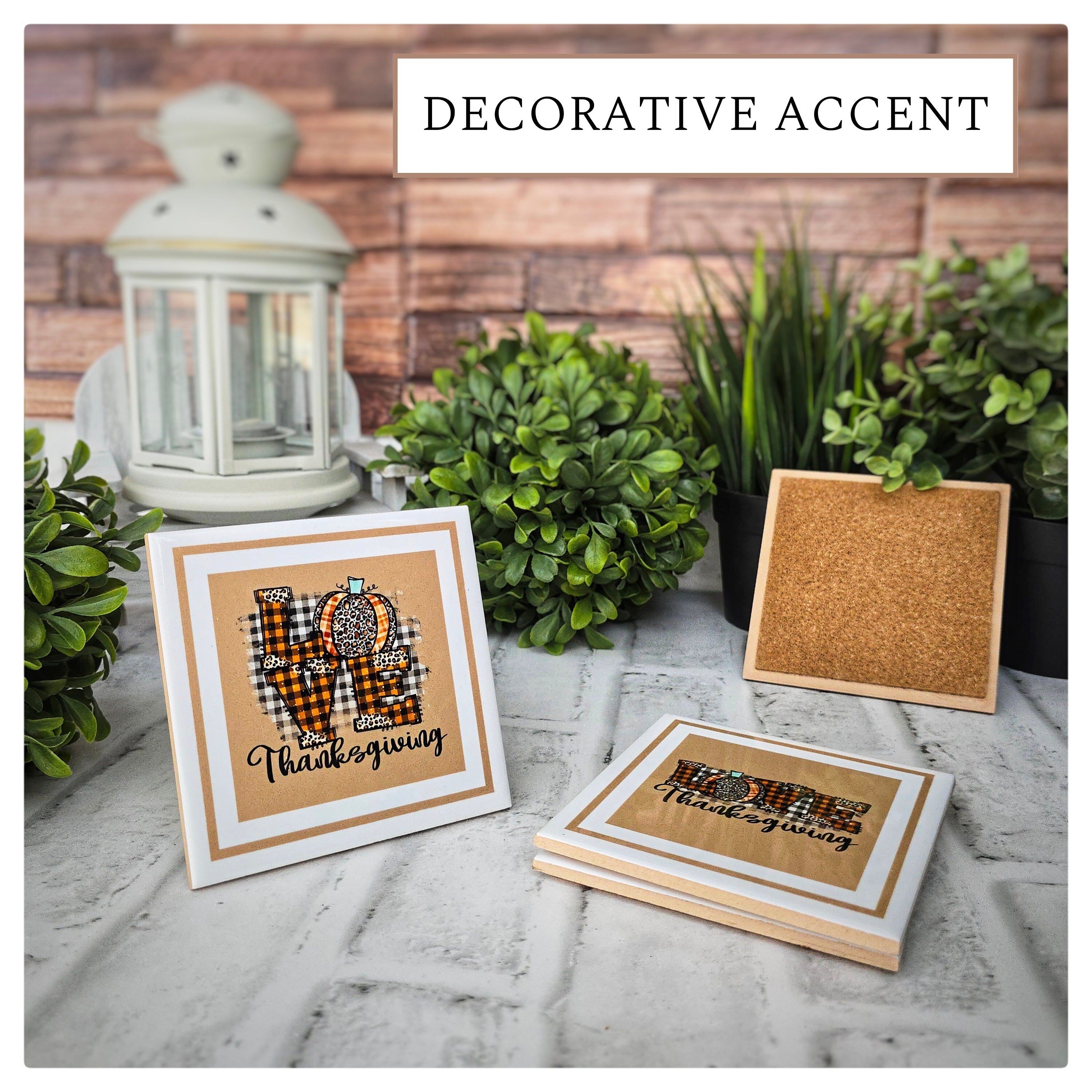 Thanksgiving Ceramic Coasters: Plaid Pumpkin 'Love' Design, detail 4