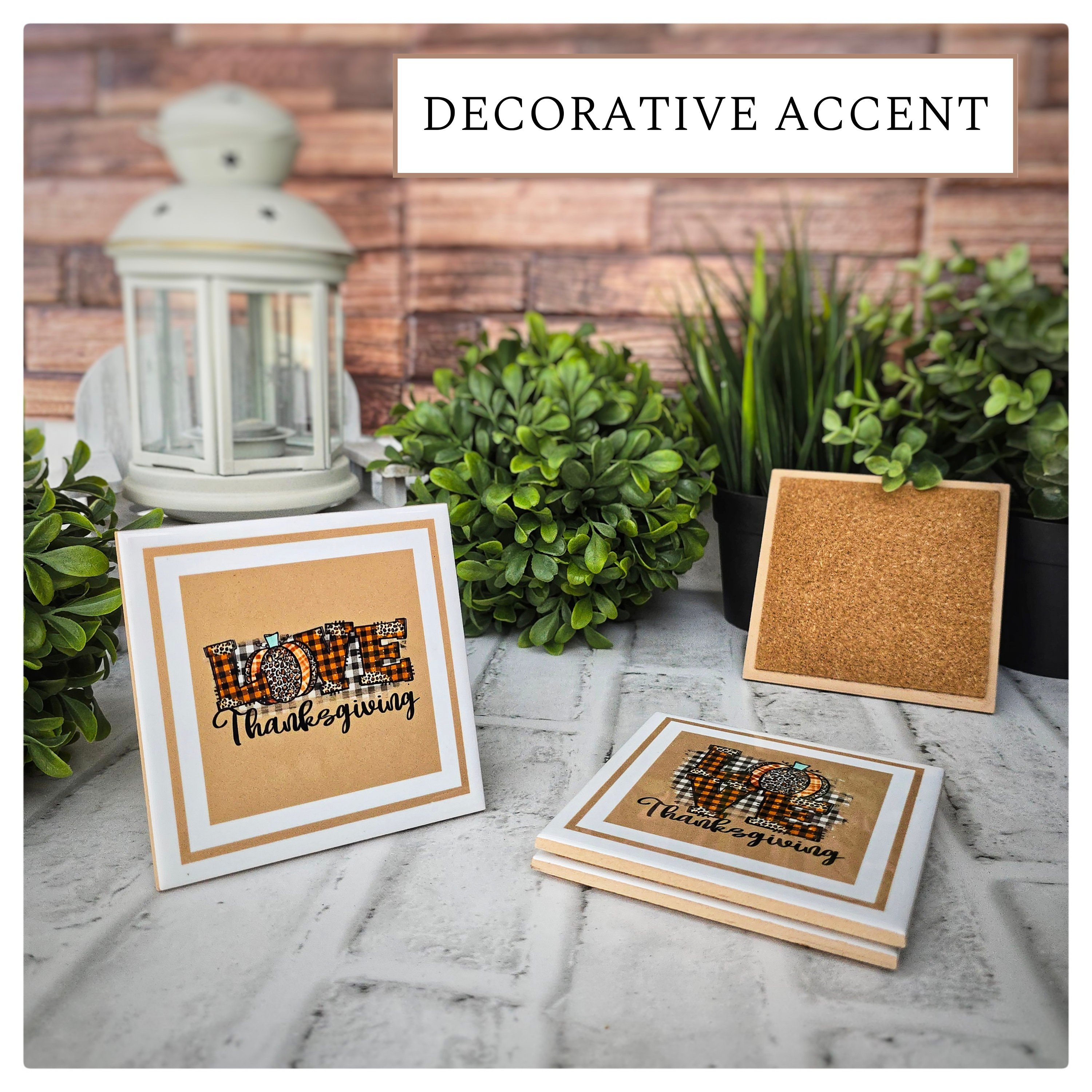 Thanksgiving Ceramic Coasters: Plaid Pumpkin 'Love' Design, detail 5
