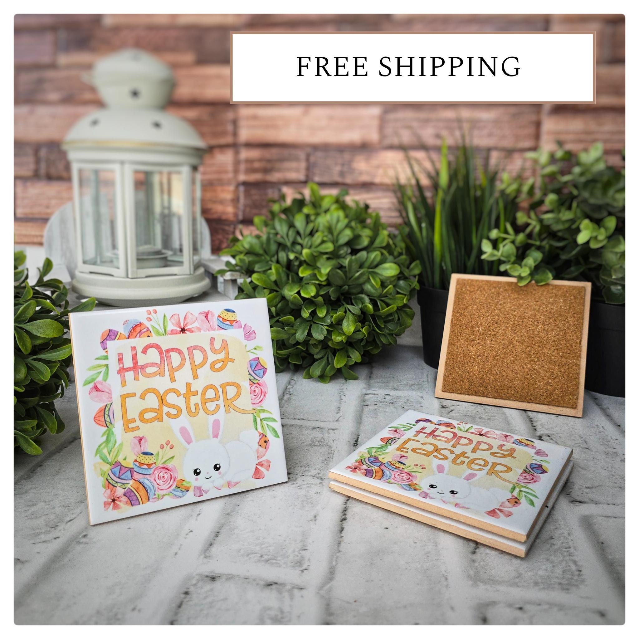 Easter Ceramic Coasters: Floral Bunny Spring Decor - Set of 4