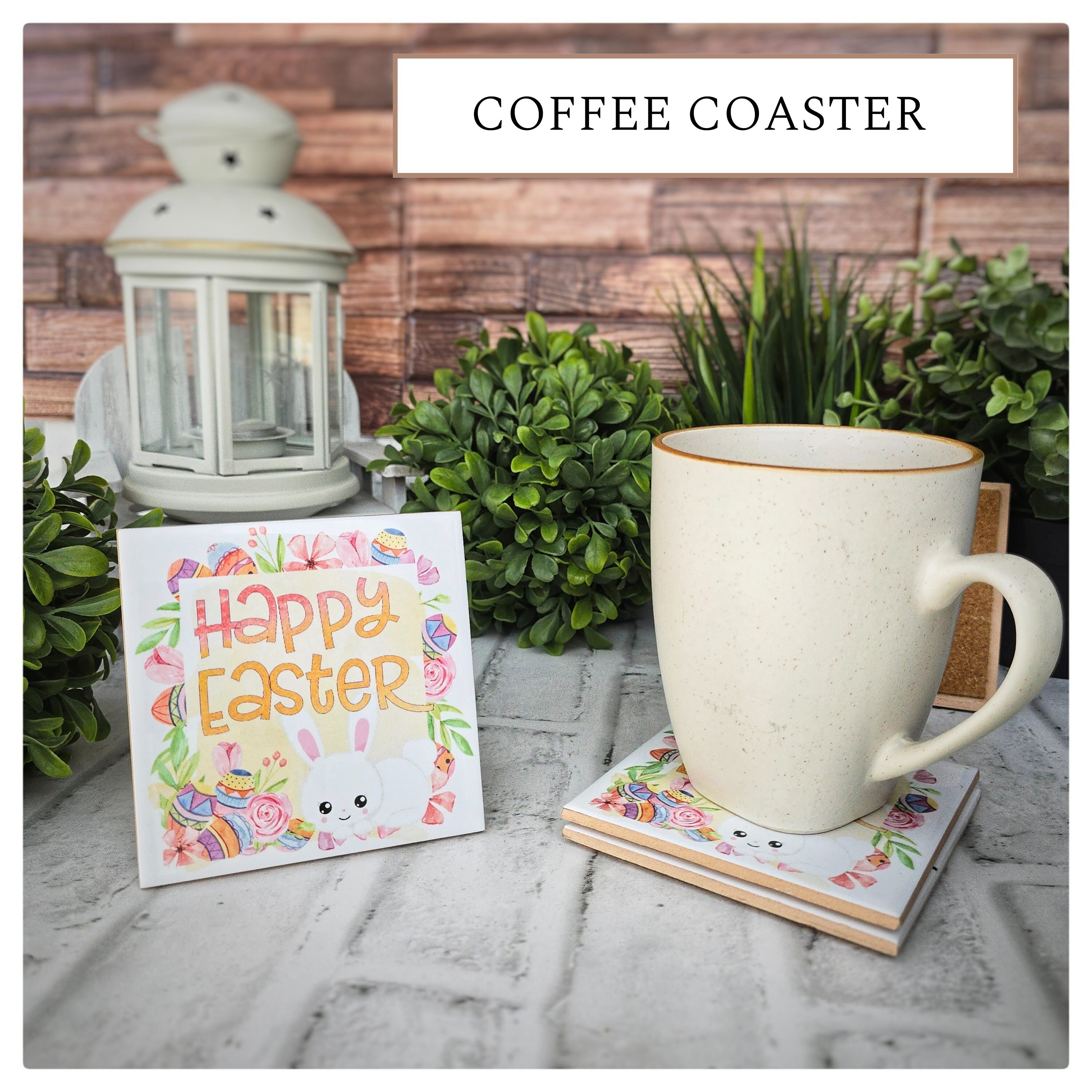 Easter Ceramic Coasters: Floral Bunny Spring Decor - Set of 4, detail 2