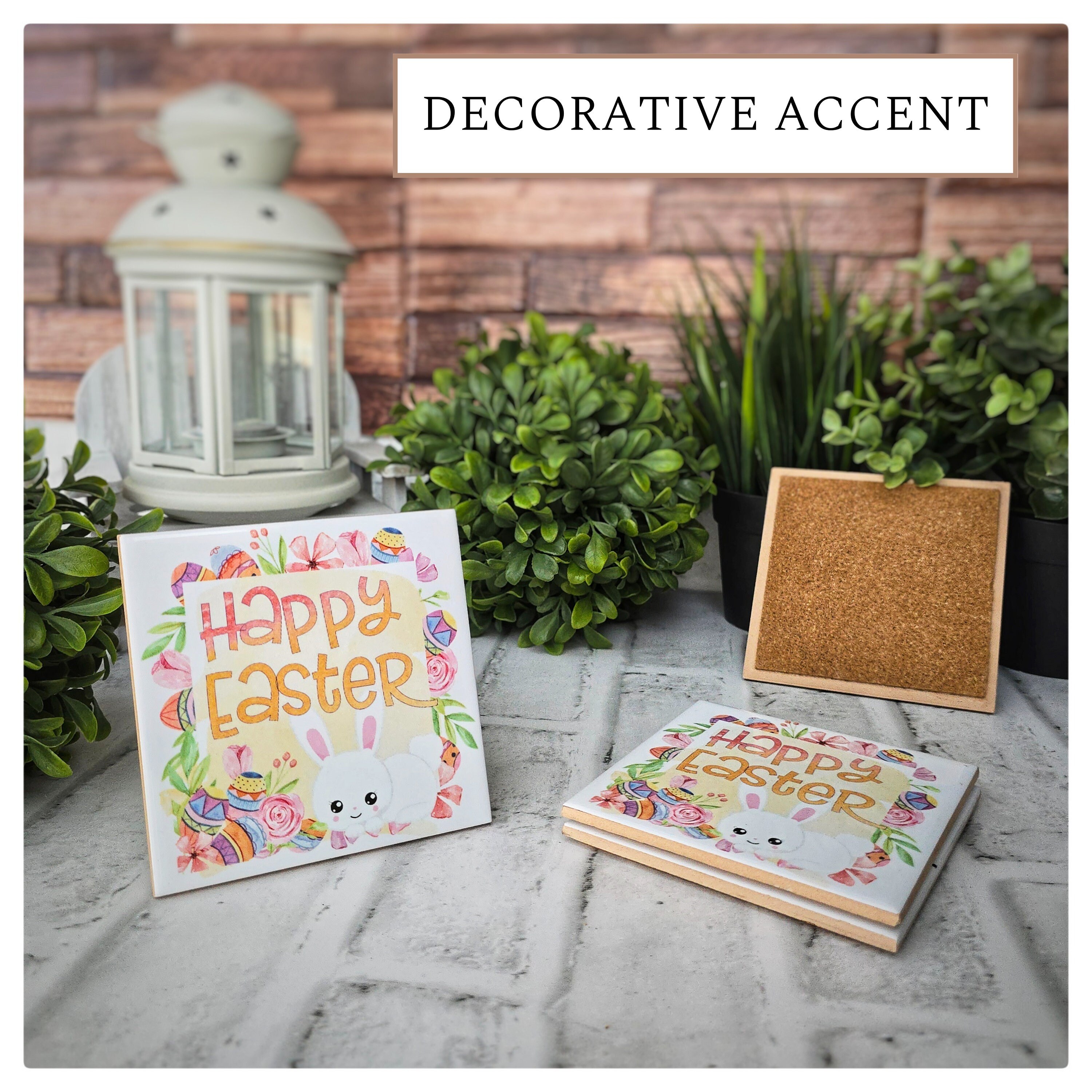 Easter Ceramic Coasters: Floral Bunny Spring Decor - Set of 4, detail 7
