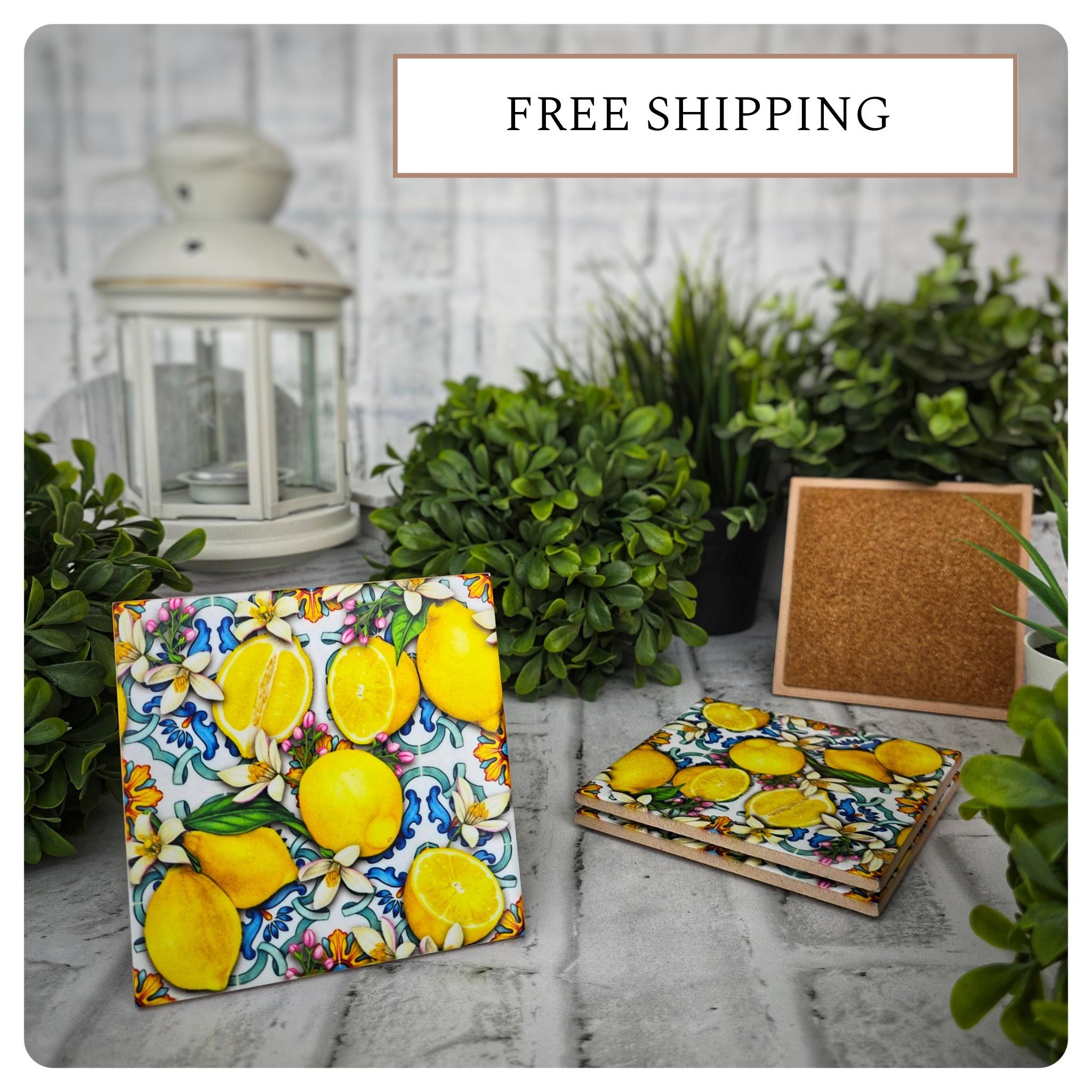 Mediterranean Lemon Ceramic Coasters with Cork Back (Set of 4)