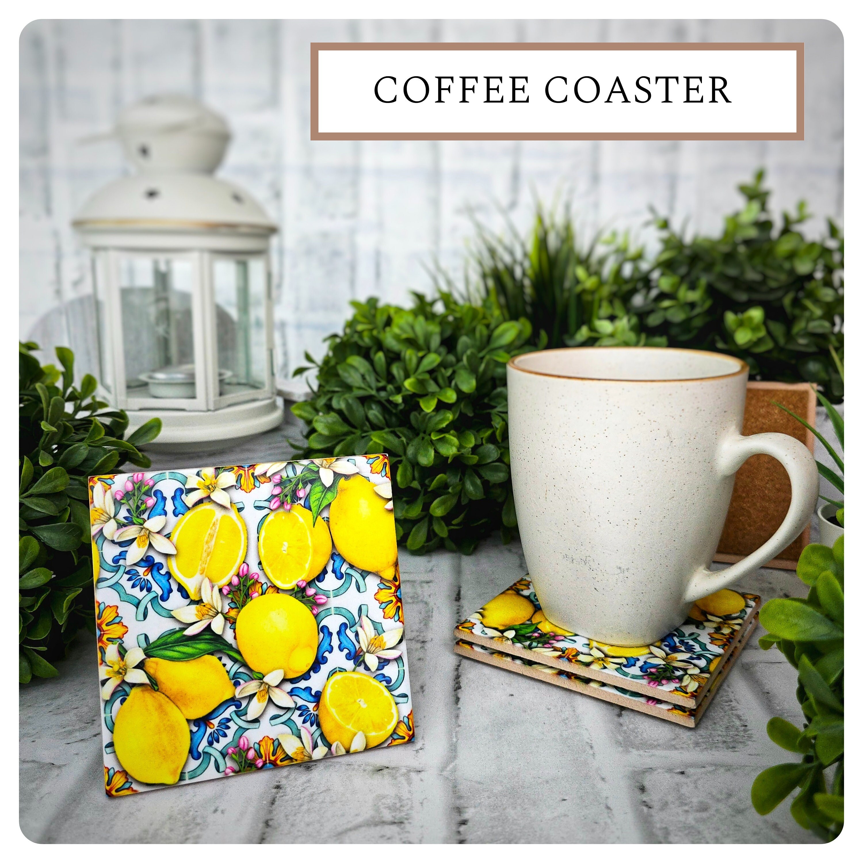 Mediterranean Lemon Ceramic Coasters with Cork Back (Set of 4), detail 2