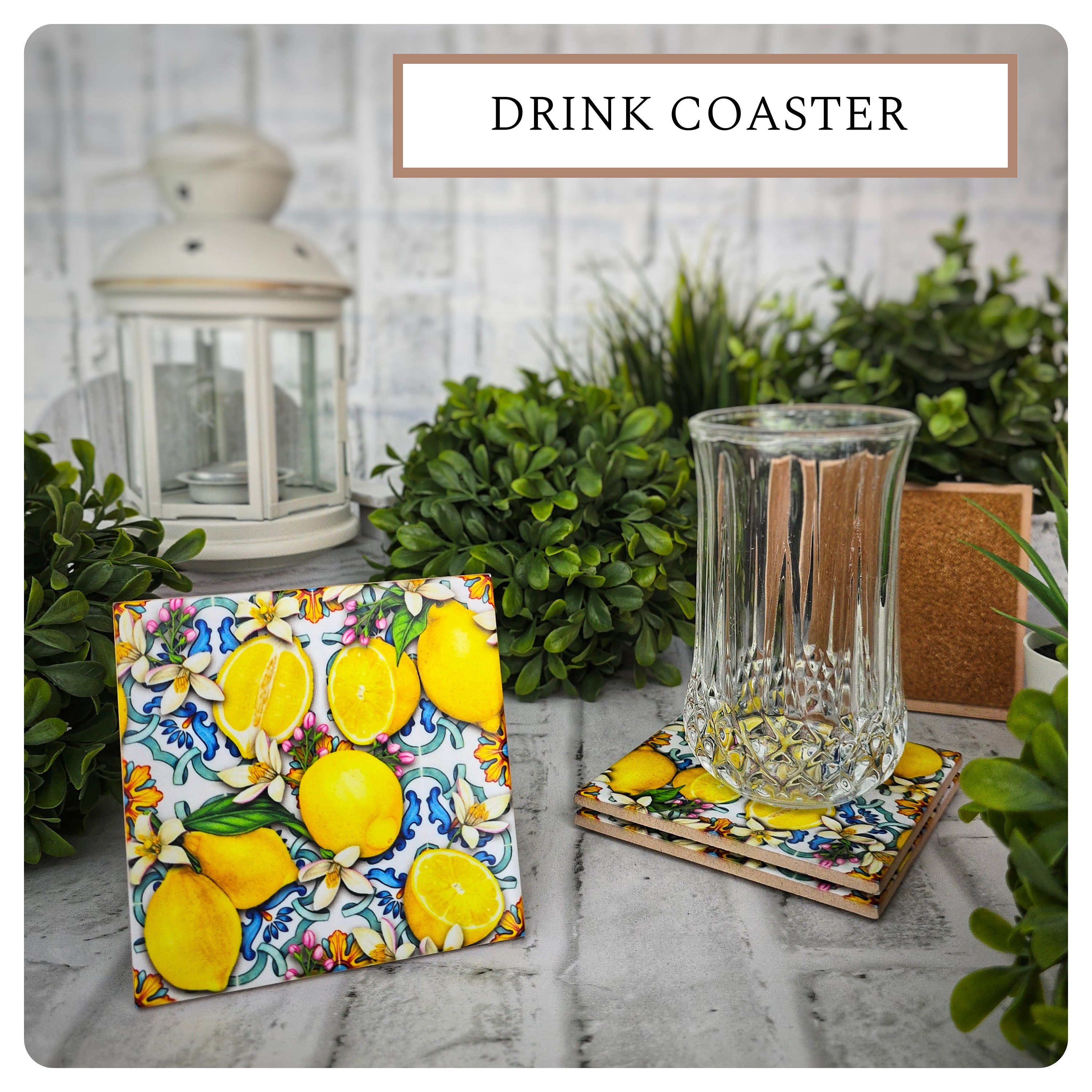 Mediterranean Lemon Ceramic Coasters with Cork Back (Set of 4), detail 3