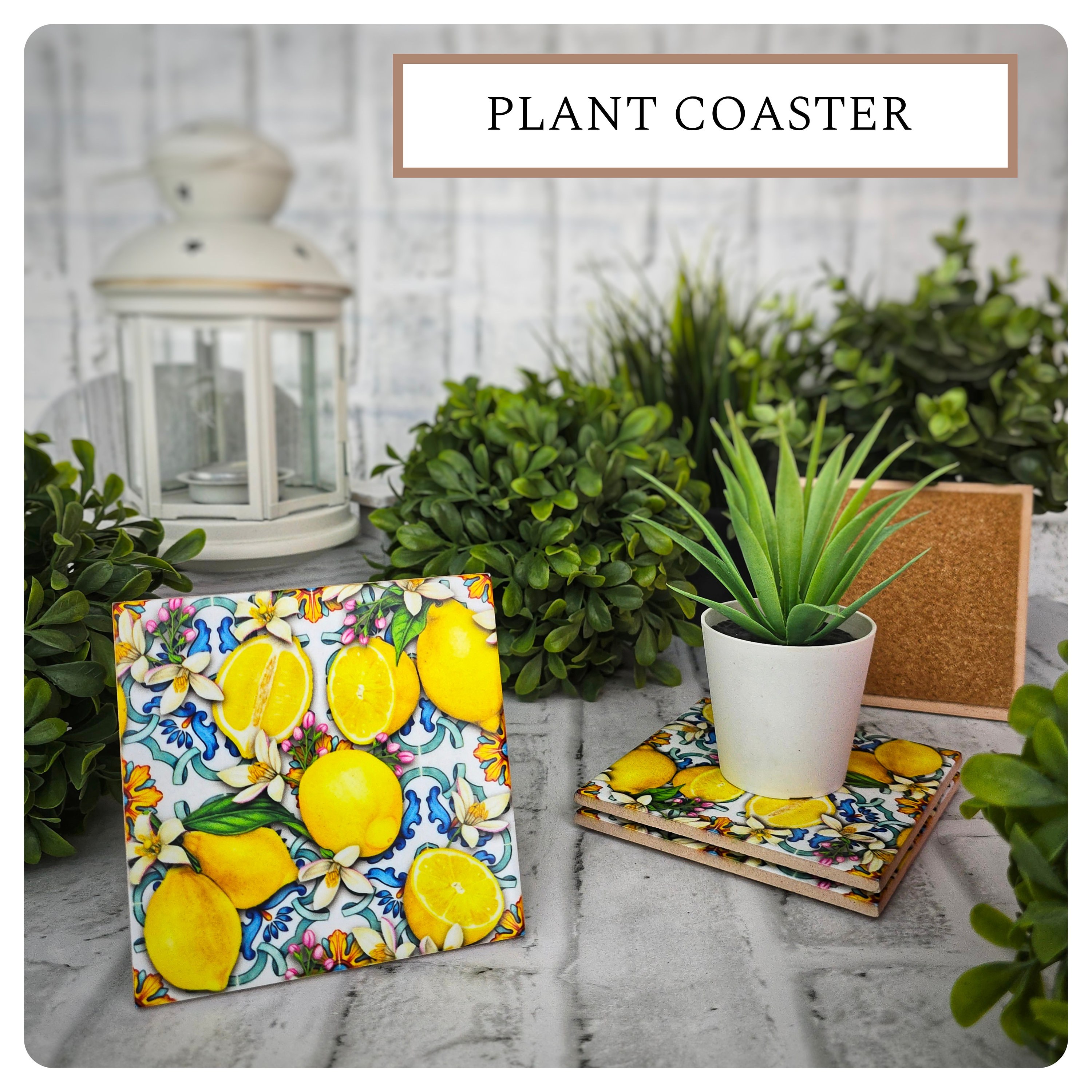 Mediterranean Lemon Ceramic Coasters with Cork Back (Set of 4), detail 4