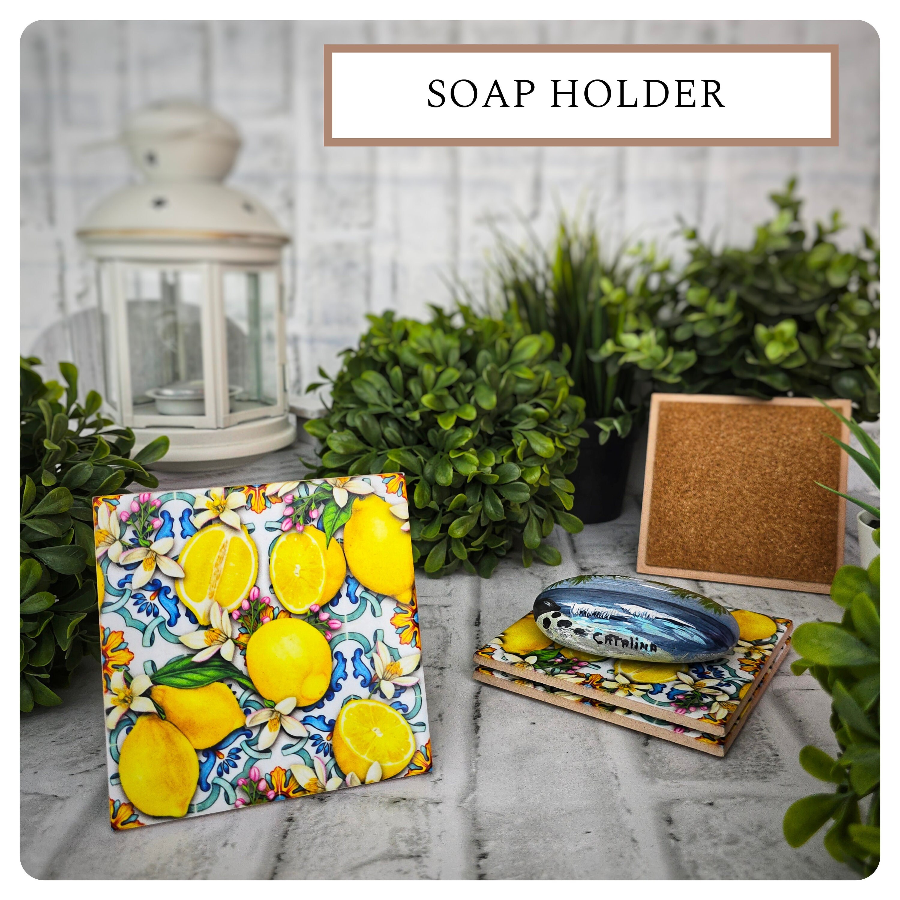 Mediterranean Lemon Ceramic Coasters with Cork Back (Set of 4), detail 6