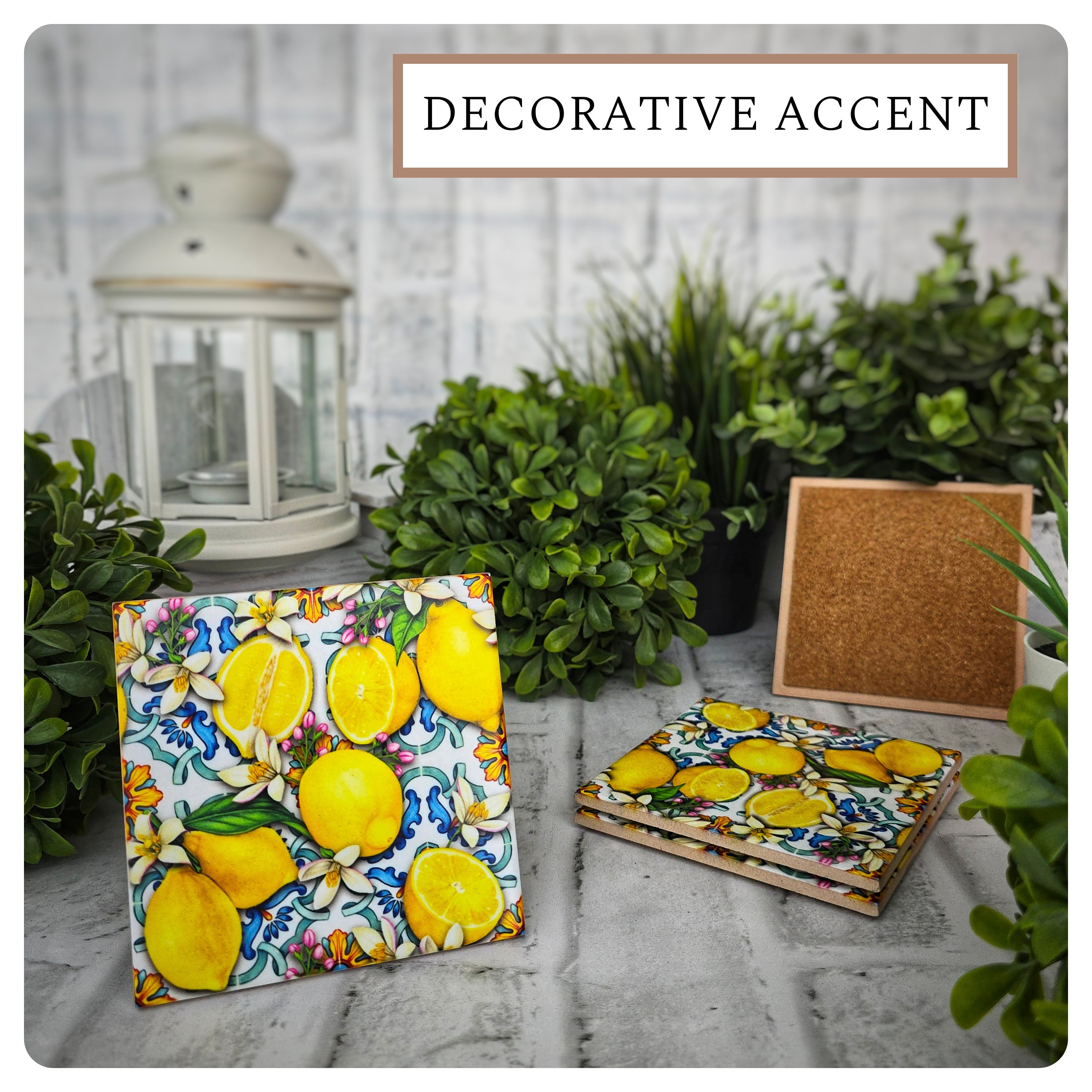 Mediterranean Lemon Ceramic Coasters with Cork Back (Set of 4), detail 7