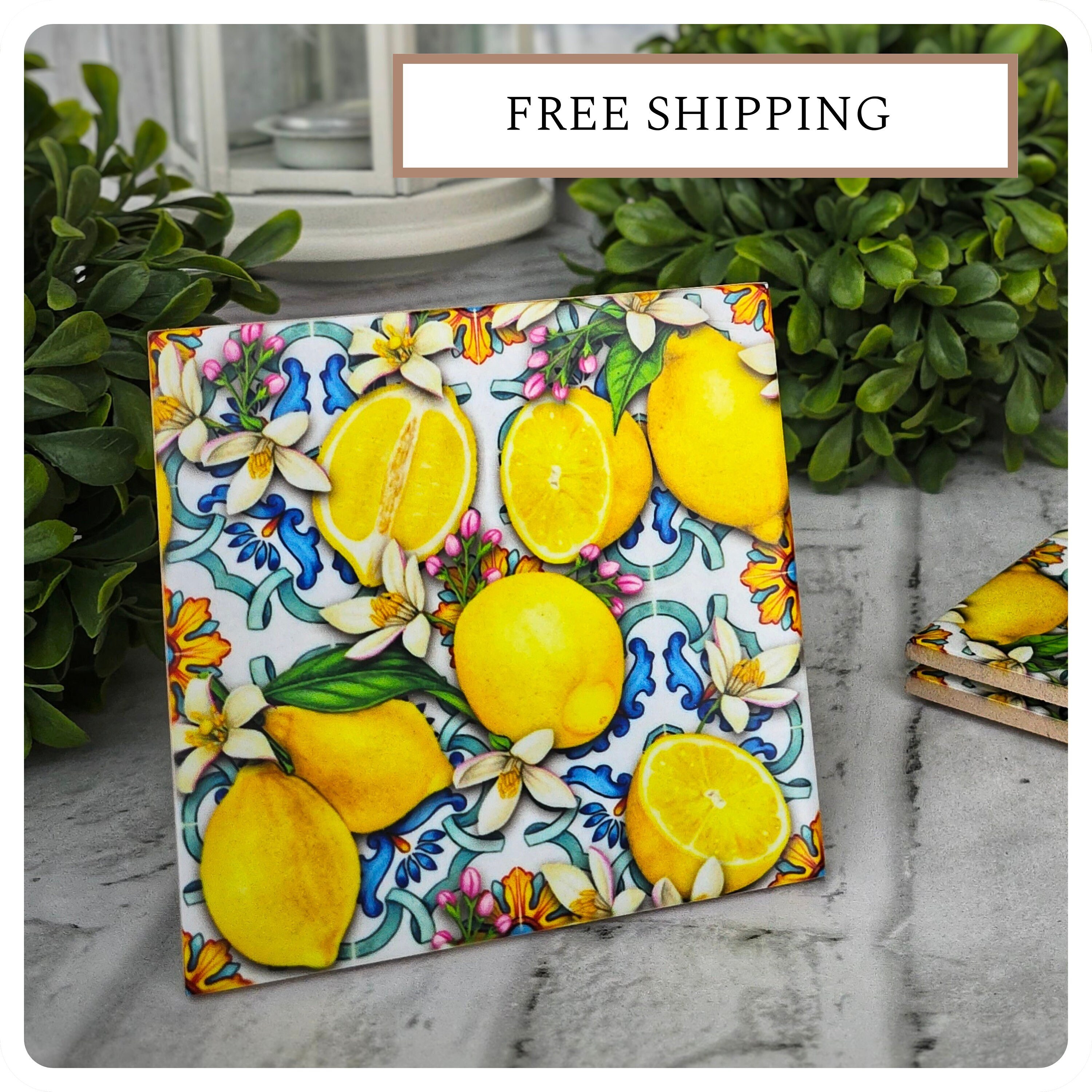 Mediterranean Lemon Ceramic Coasters with Cork Back (Set of 4), detail 8