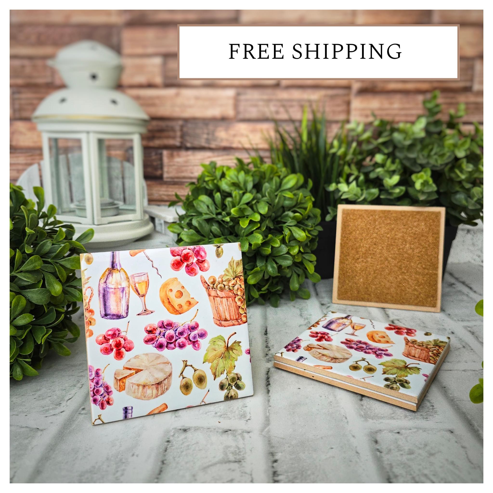 Wine & Cheese Ceramic Coasters: Watercolor Art, Set of 4