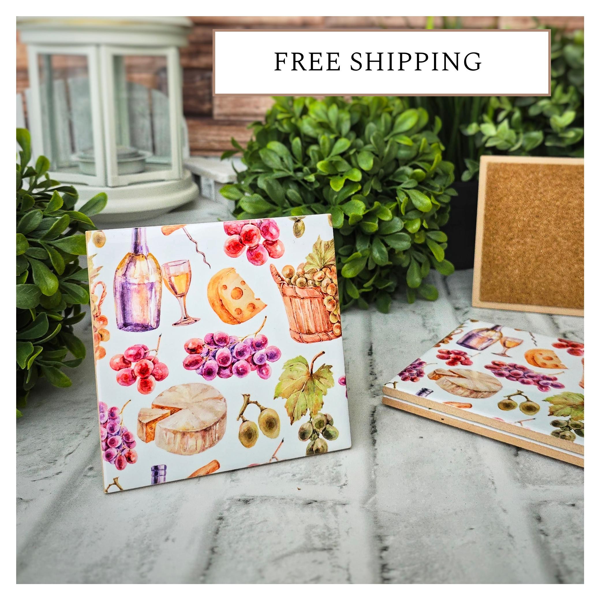 Wine & Cheese Ceramic Coasters: Watercolor Art, Set of 4, detail 7