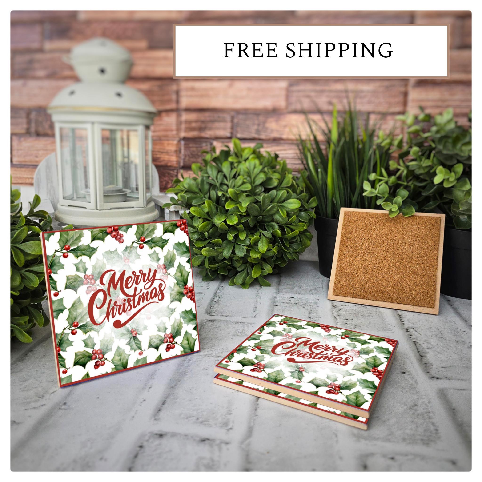Christmas Holly Ceramic Coasters - Set of 4