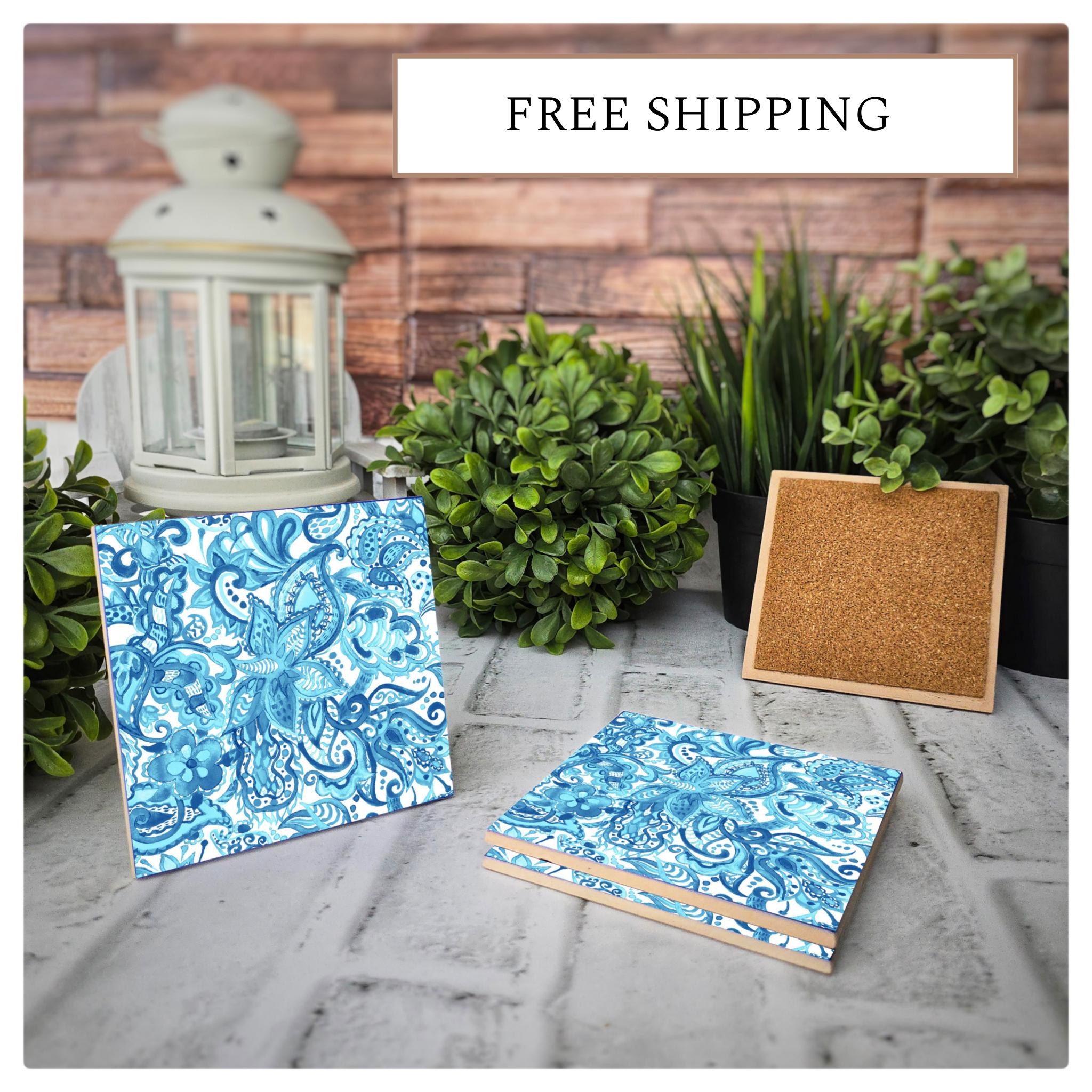 Blue Paisley Ceramic Coasters - Set of 4 - Cork Backed