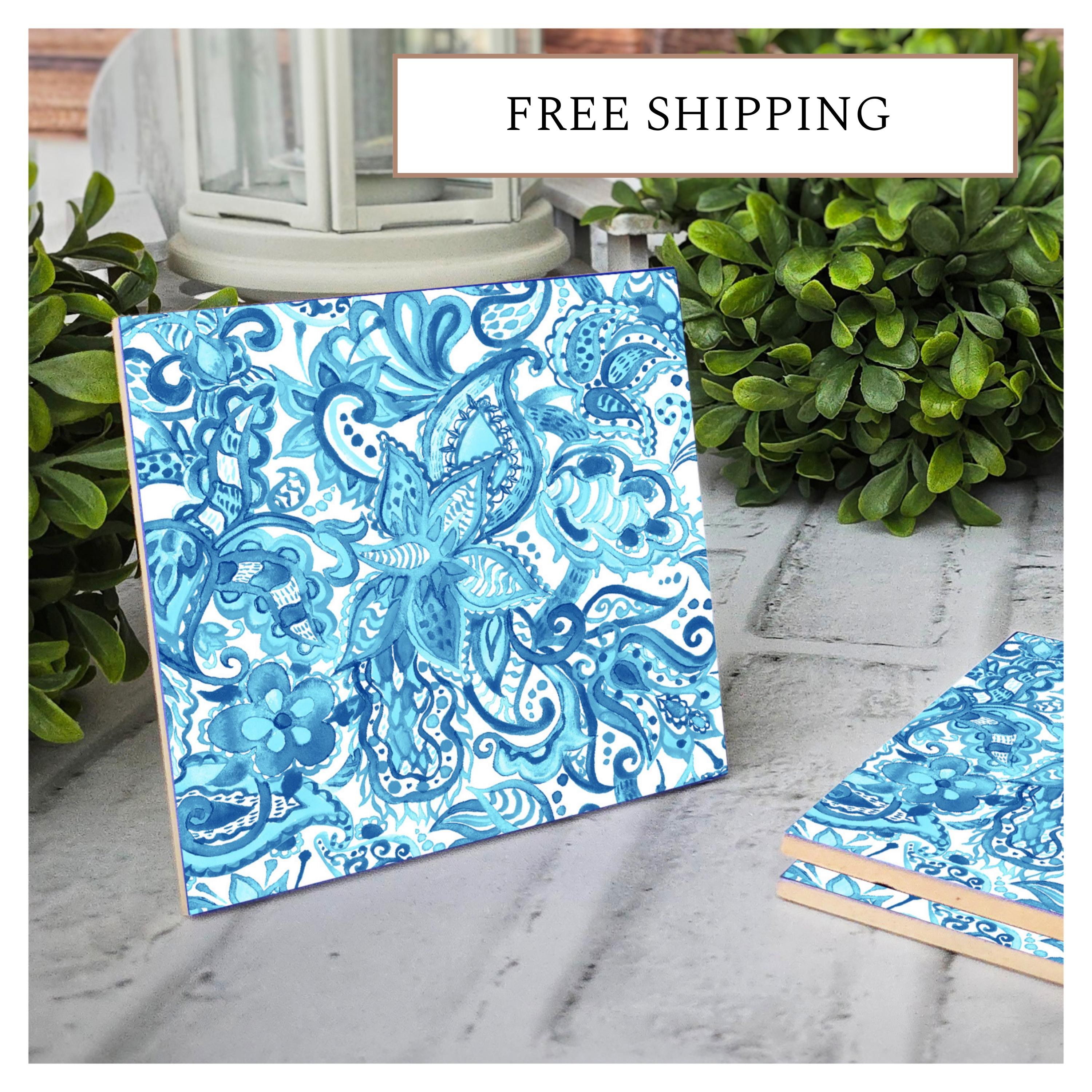Blue Paisley Ceramic Coasters - Set of 4 - Cork Backed, detail 8
