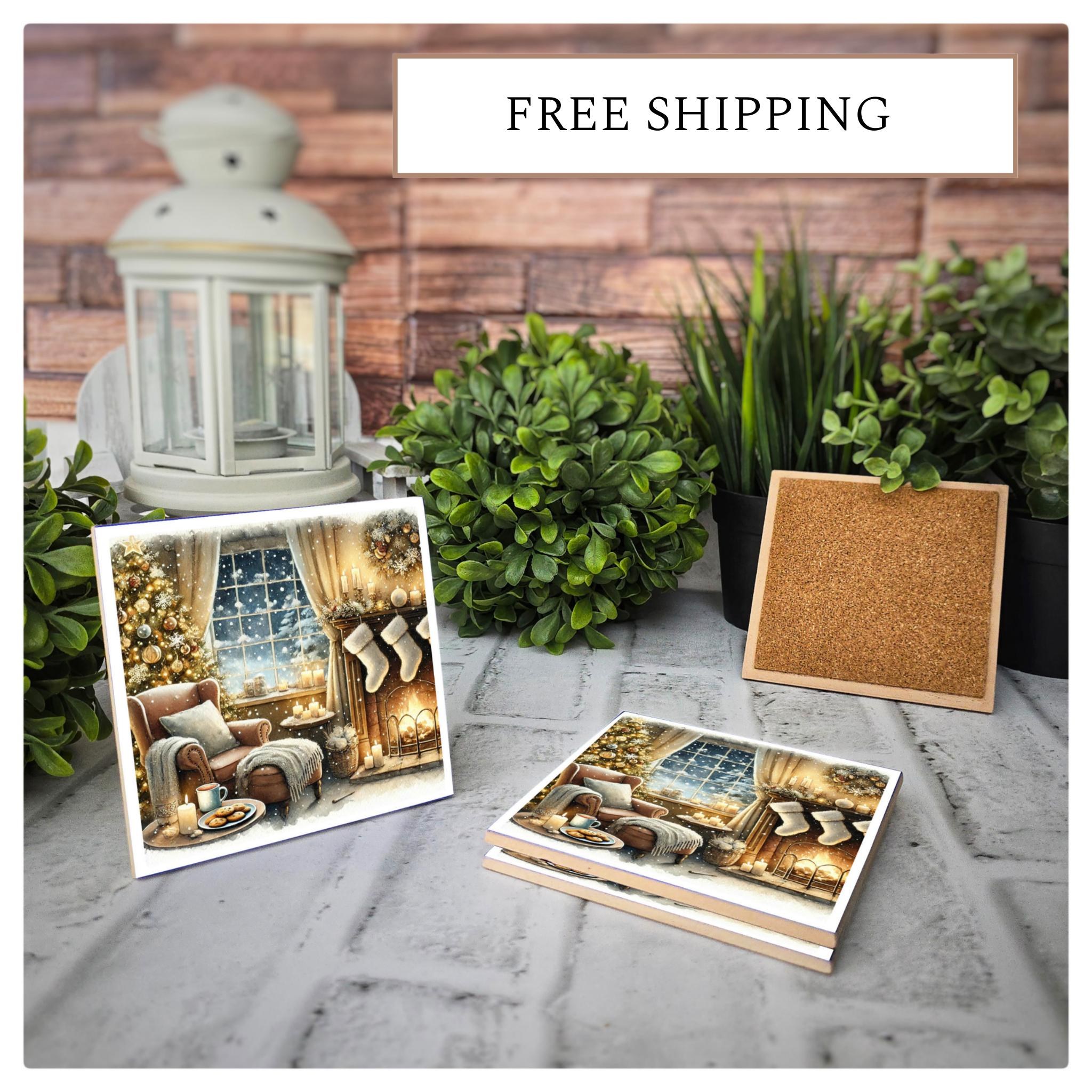 Christmas Fireplace Ceramic Coasters - Holiday Decor
