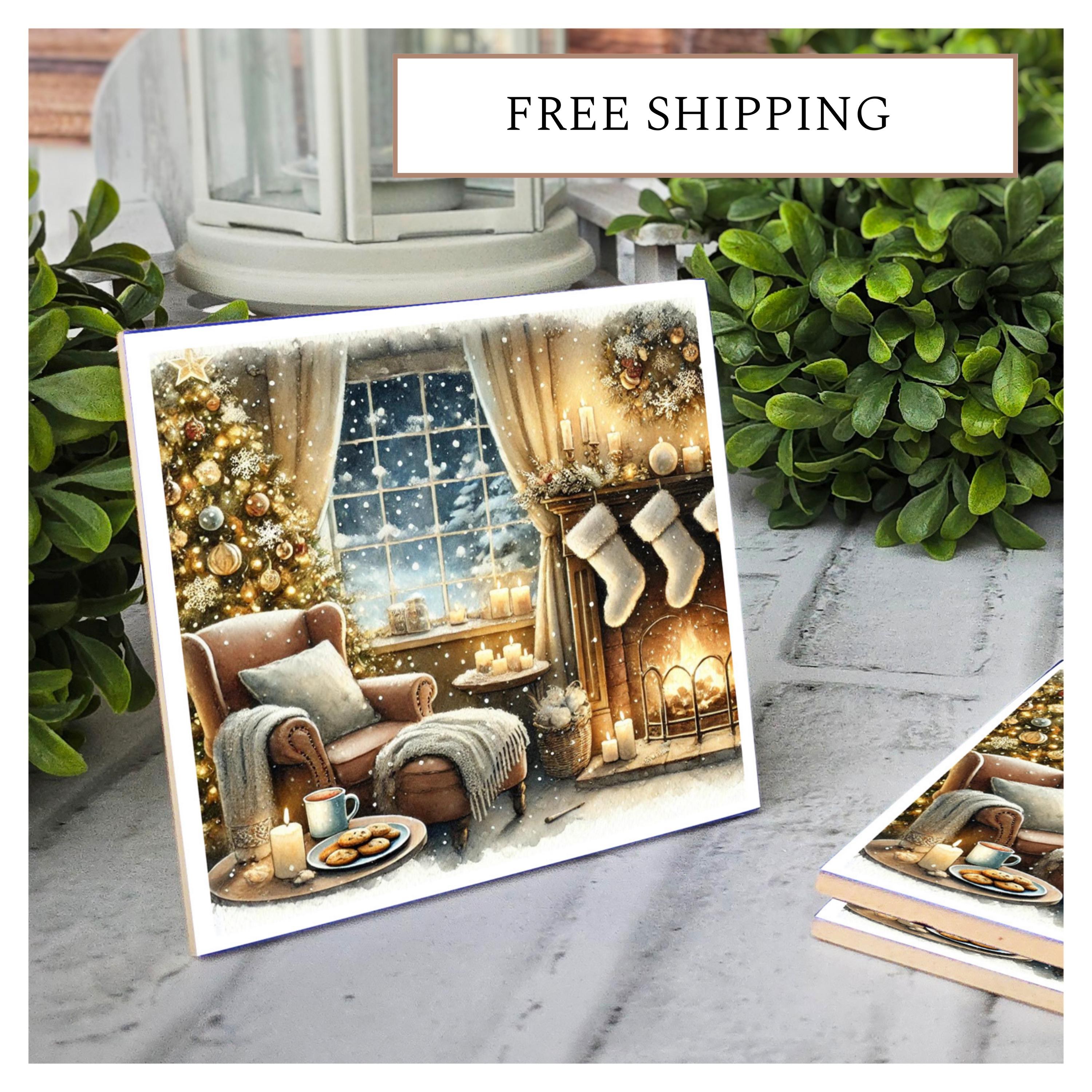 Christmas Fireplace Ceramic Coasters - Holiday Decor, detail 8