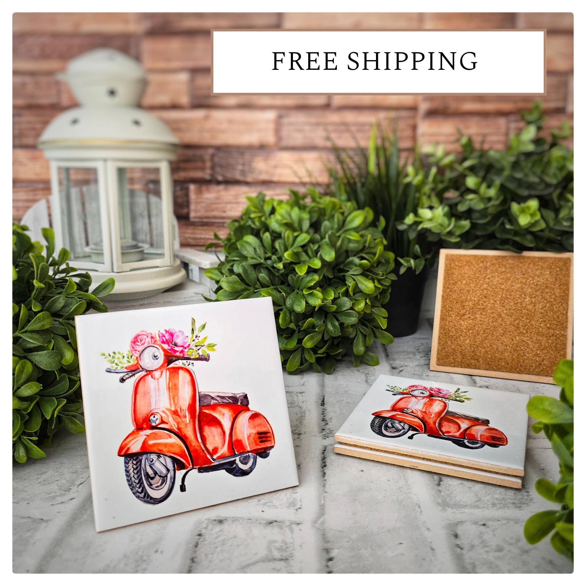 Vespa Ceramic Coasters: Vintage Floral Scooter, Set of 4