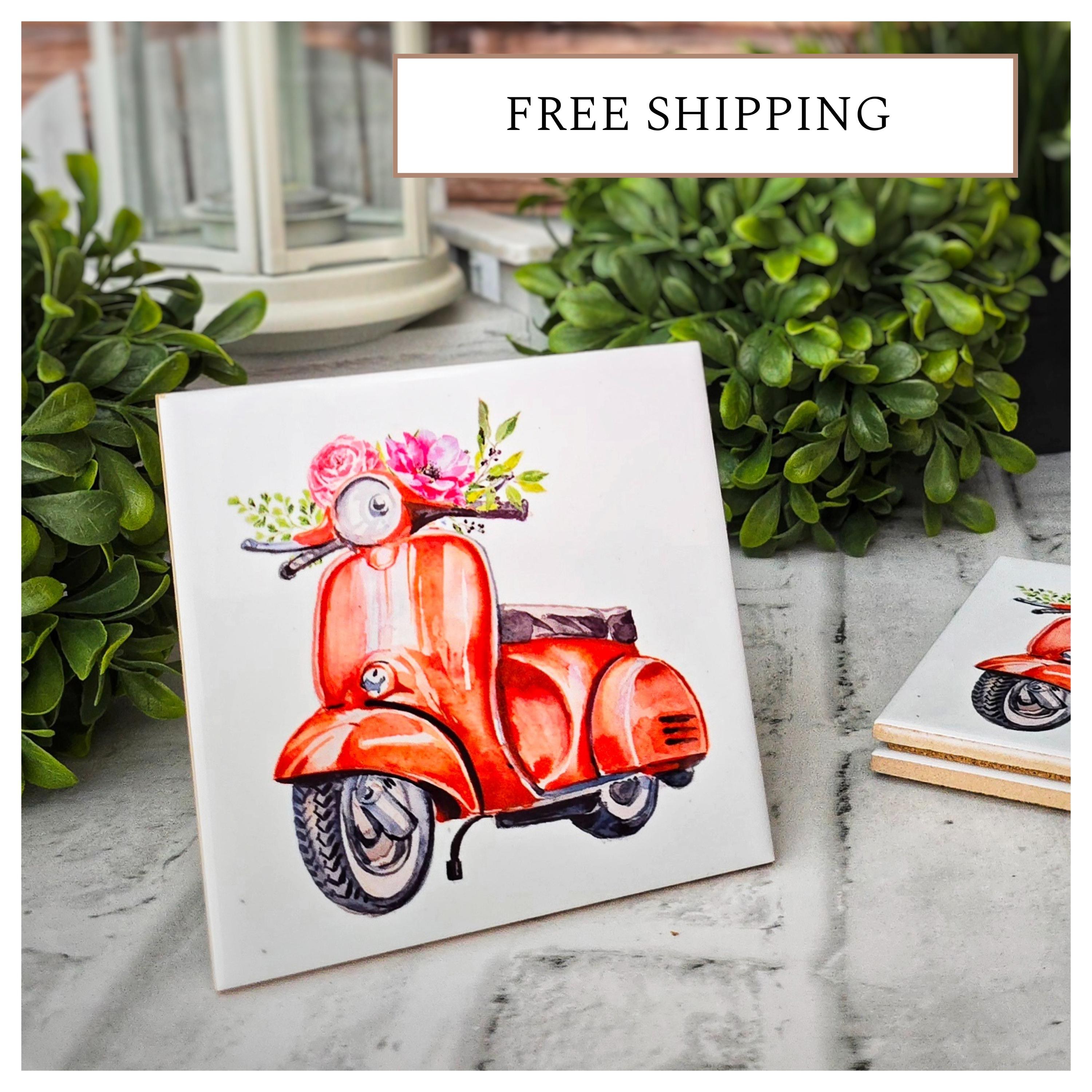 Vespa Ceramic Coasters: Vintage Floral Scooter, Set of 4, detail 8