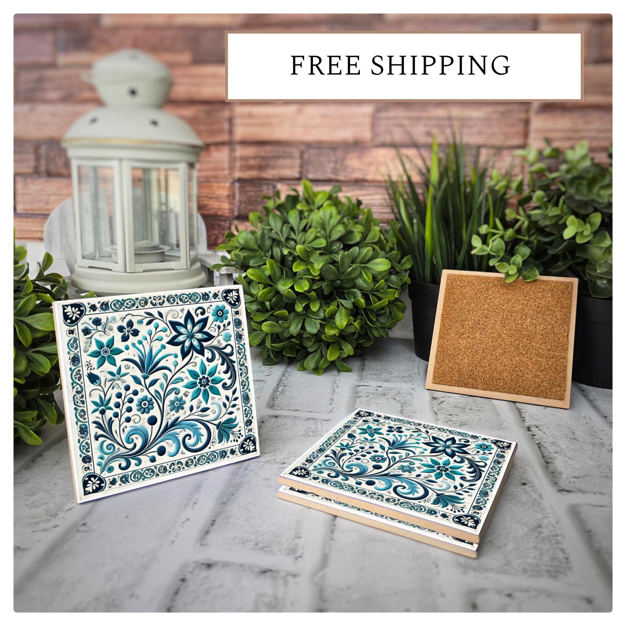 Blue Floral Ceramic Coasters: Elegant Tile Design, Cork Back (Set of 4)