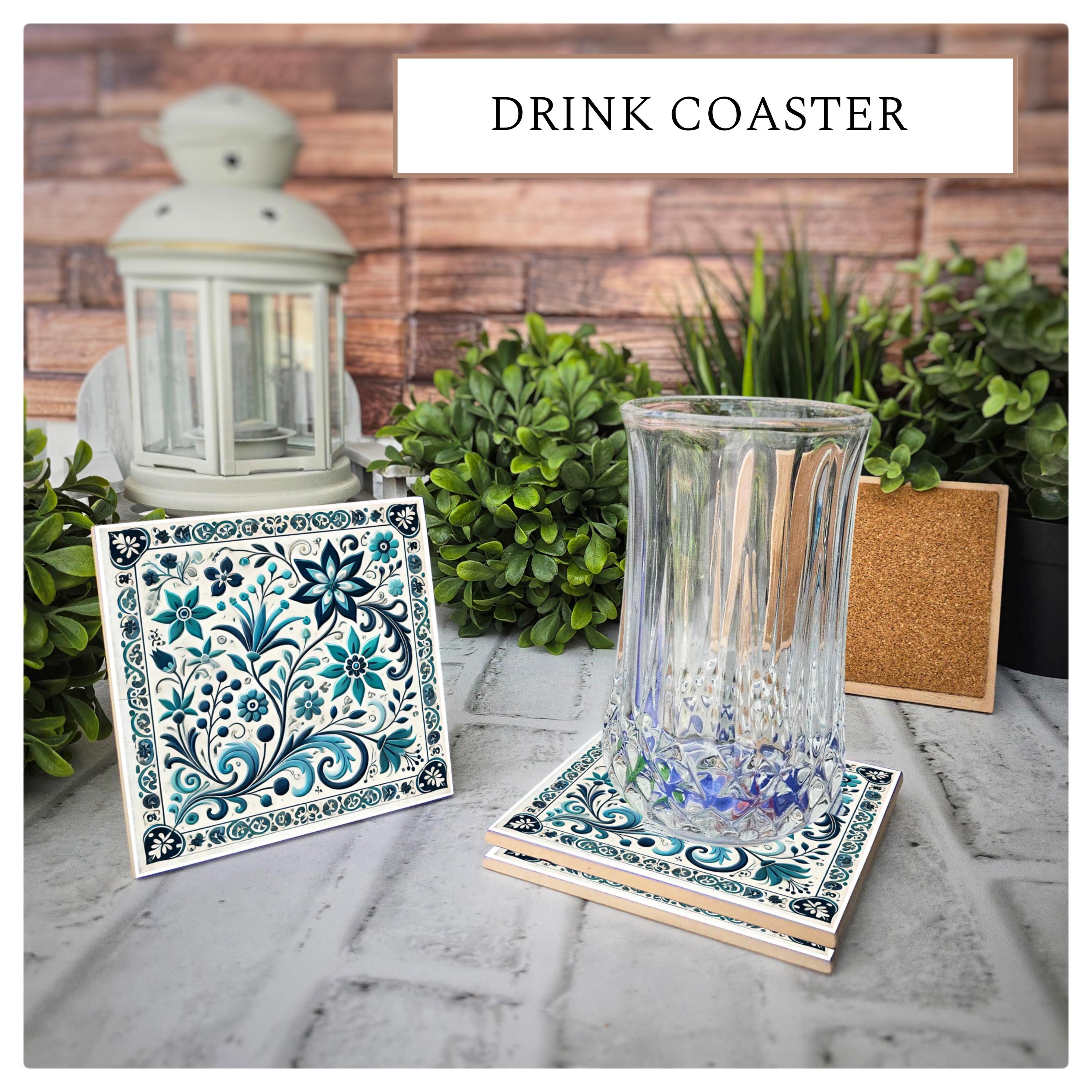 Blue Floral Ceramic Coasters: Elegant Tile Design, Cork Back (Set of 4), detail 2