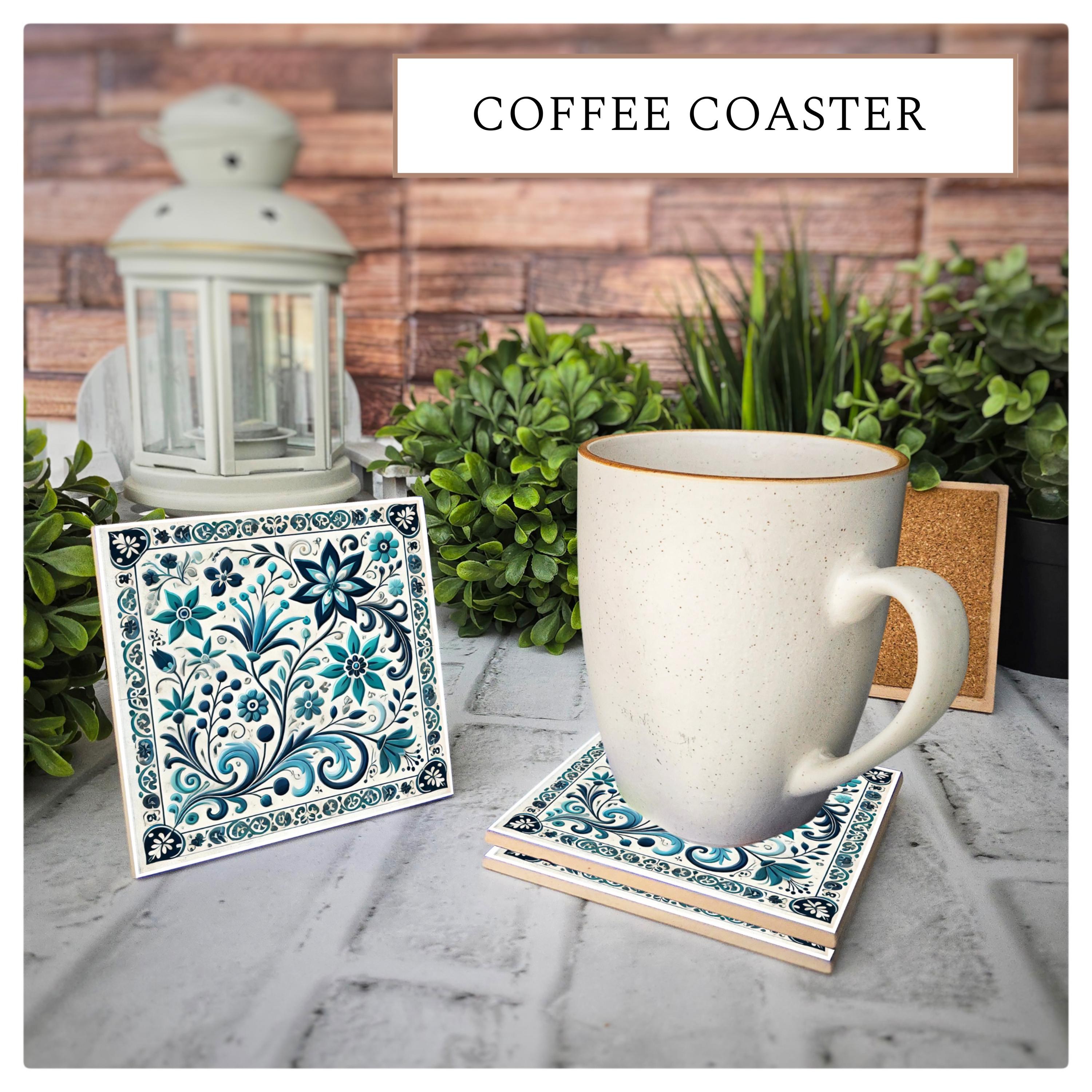Blue Floral Ceramic Coasters: Elegant Tile Design, Cork Back (Set of 4), detail 4
