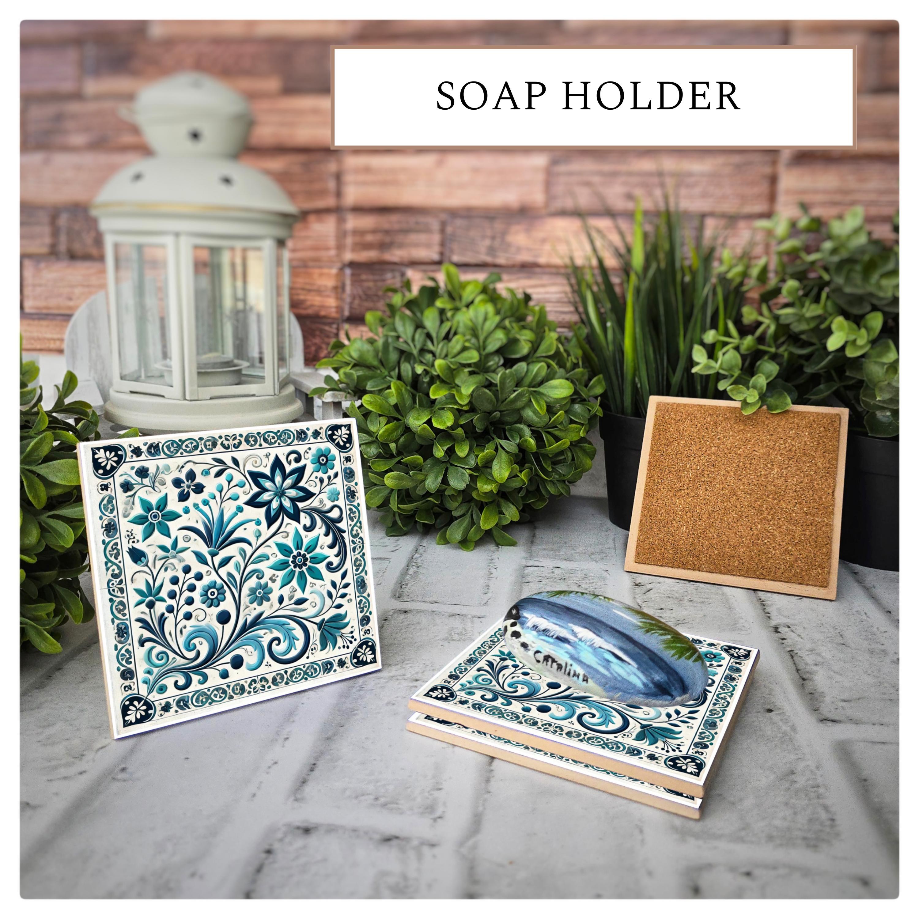 Blue Floral Ceramic Coasters: Elegant Tile Design, Cork Back (Set of 4), detail 5