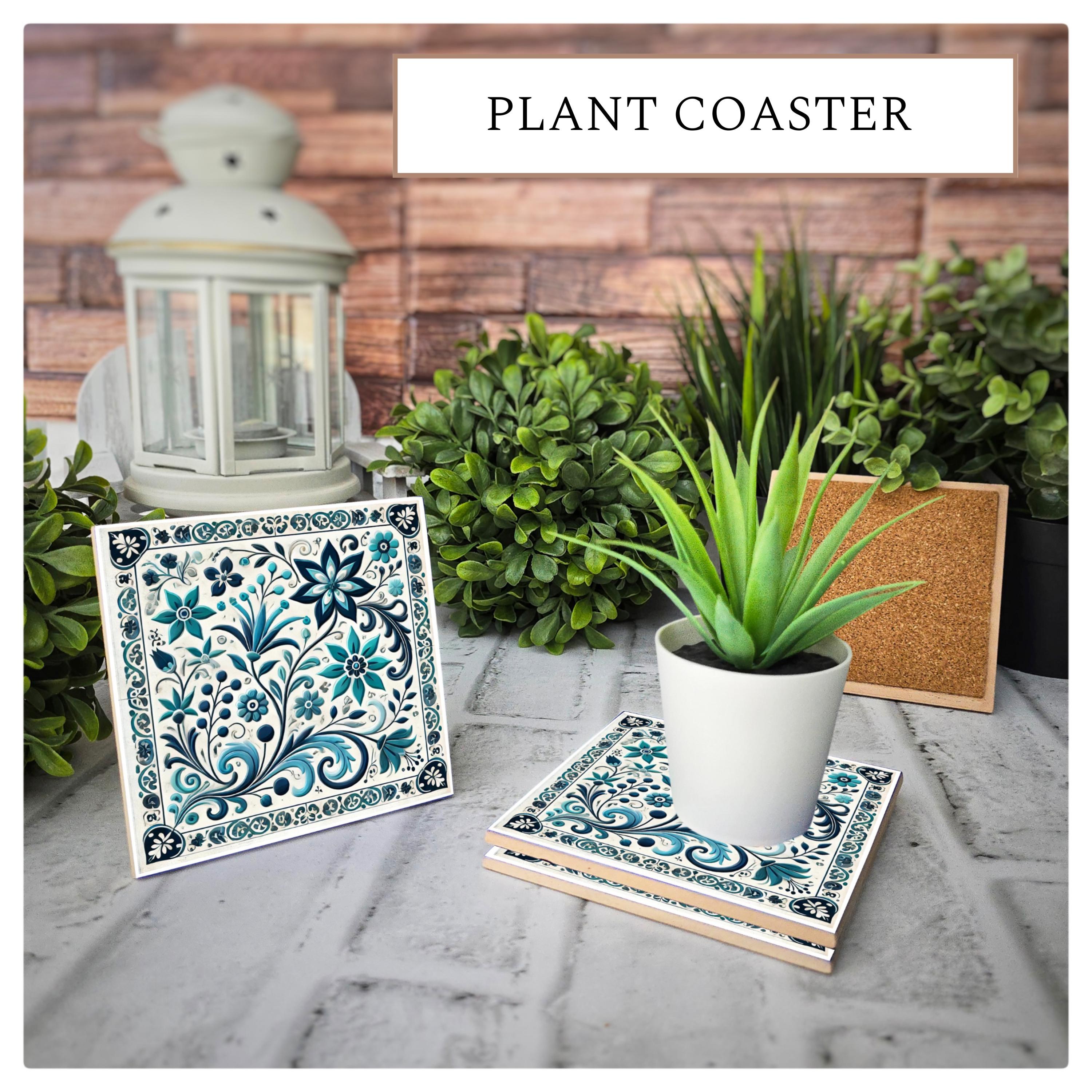 Blue Floral Ceramic Coasters: Elegant Tile Design, Cork Back (Set of 4), detail 6
