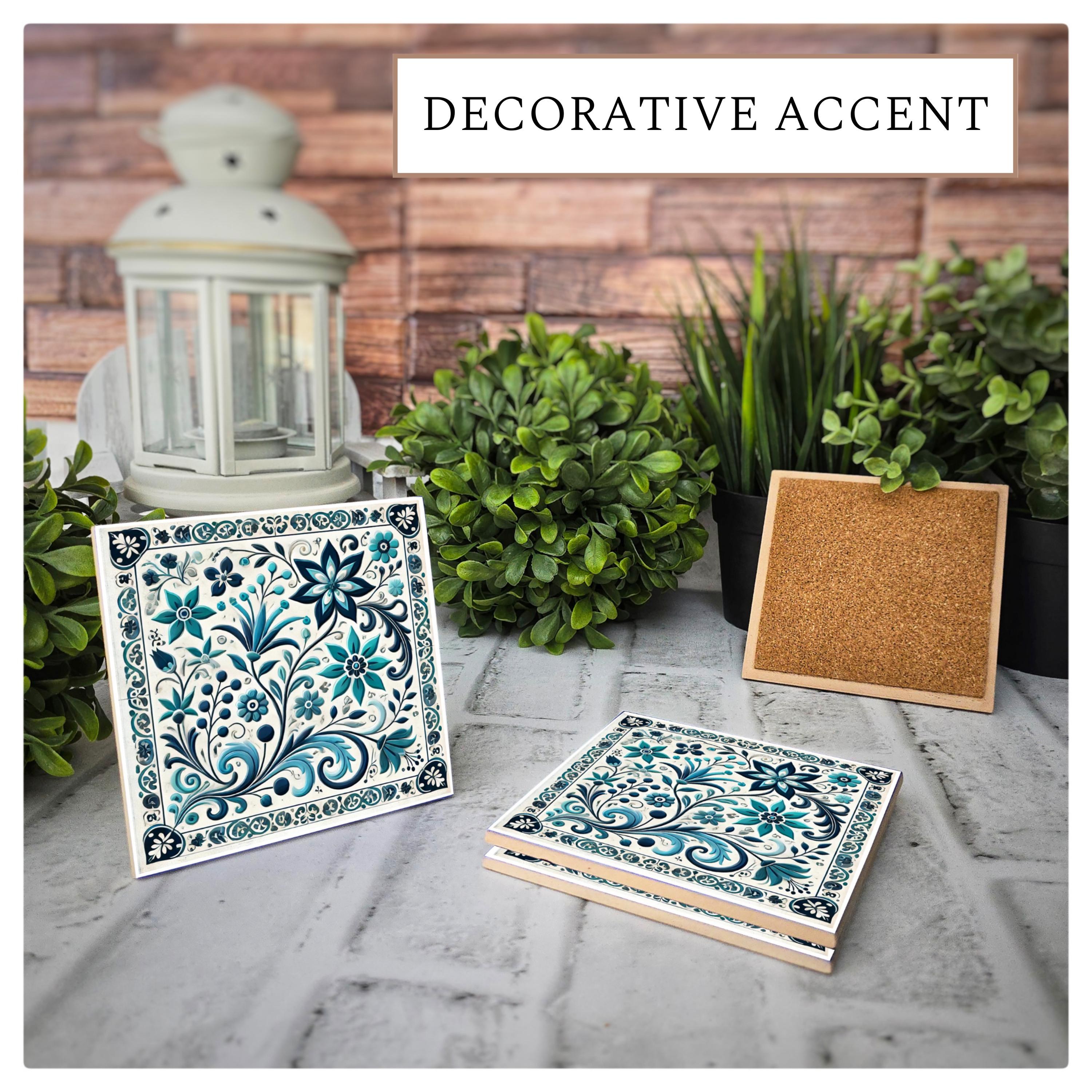 Blue Floral Ceramic Coasters: Elegant Tile Design, Cork Back (Set of 4), detail 7