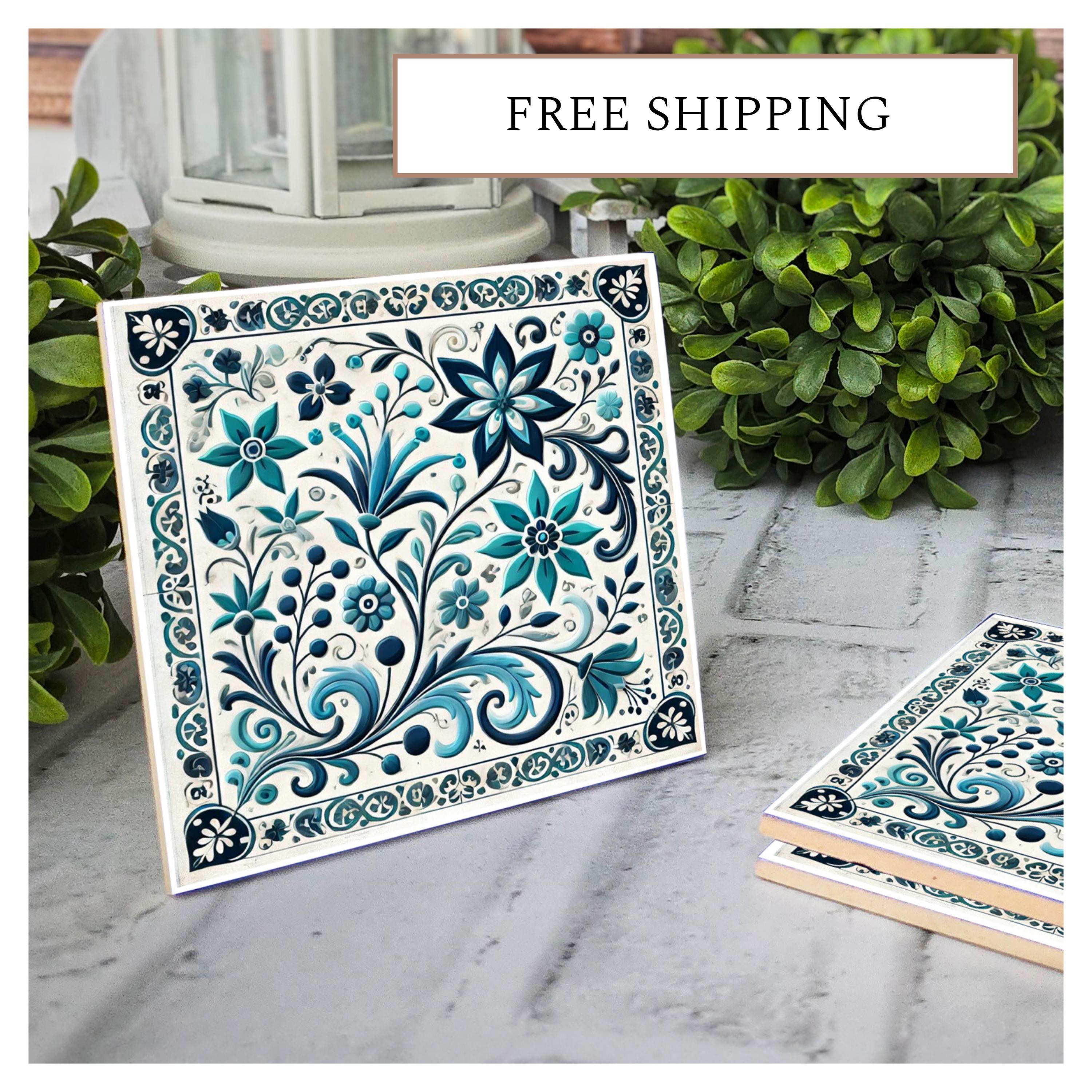 Blue Floral Ceramic Coasters: Elegant Tile Design, Cork Back (Set of 4), detail 8