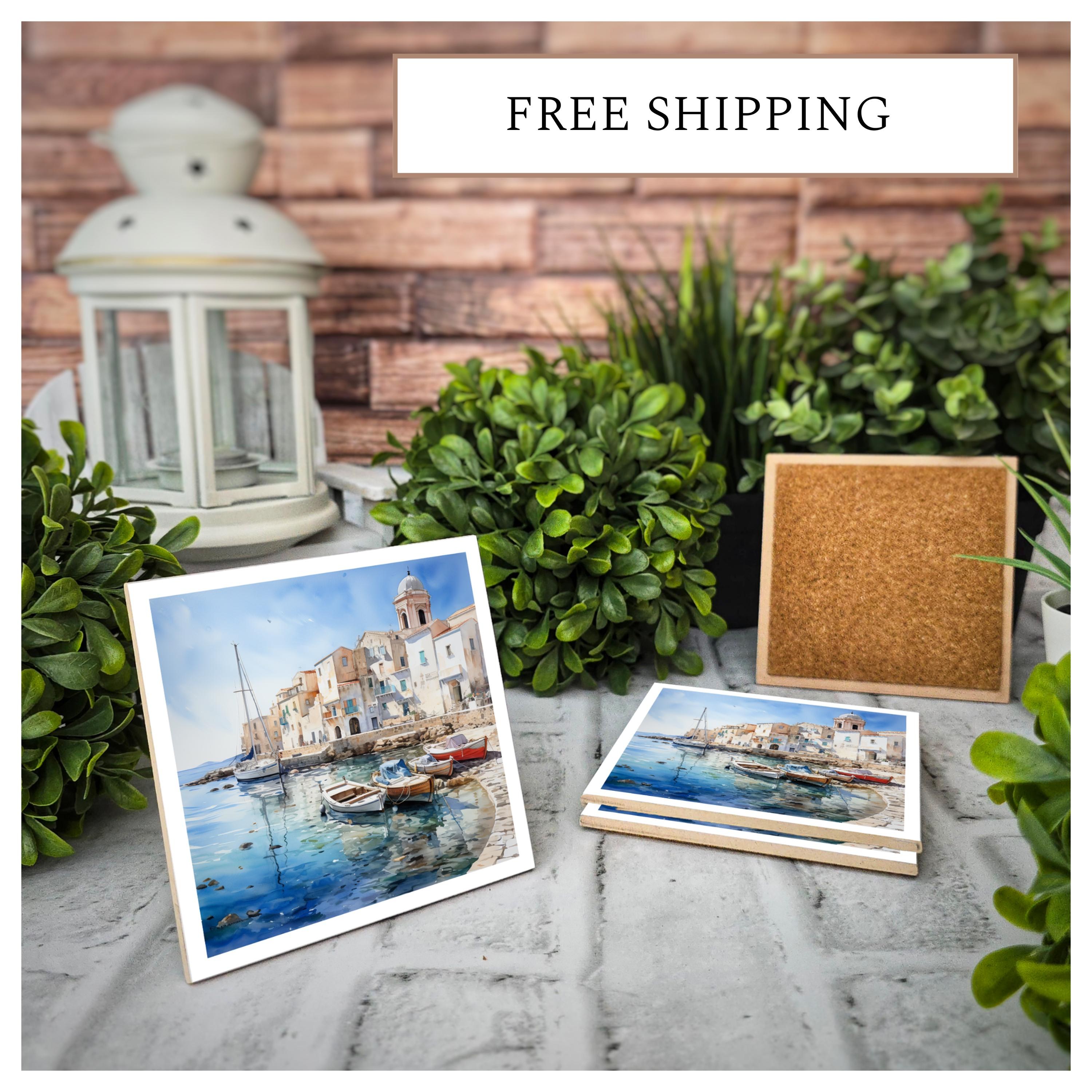Coastal Ceramic Coasters: Waterfront Scene, Nautical Decor - Set of 4
