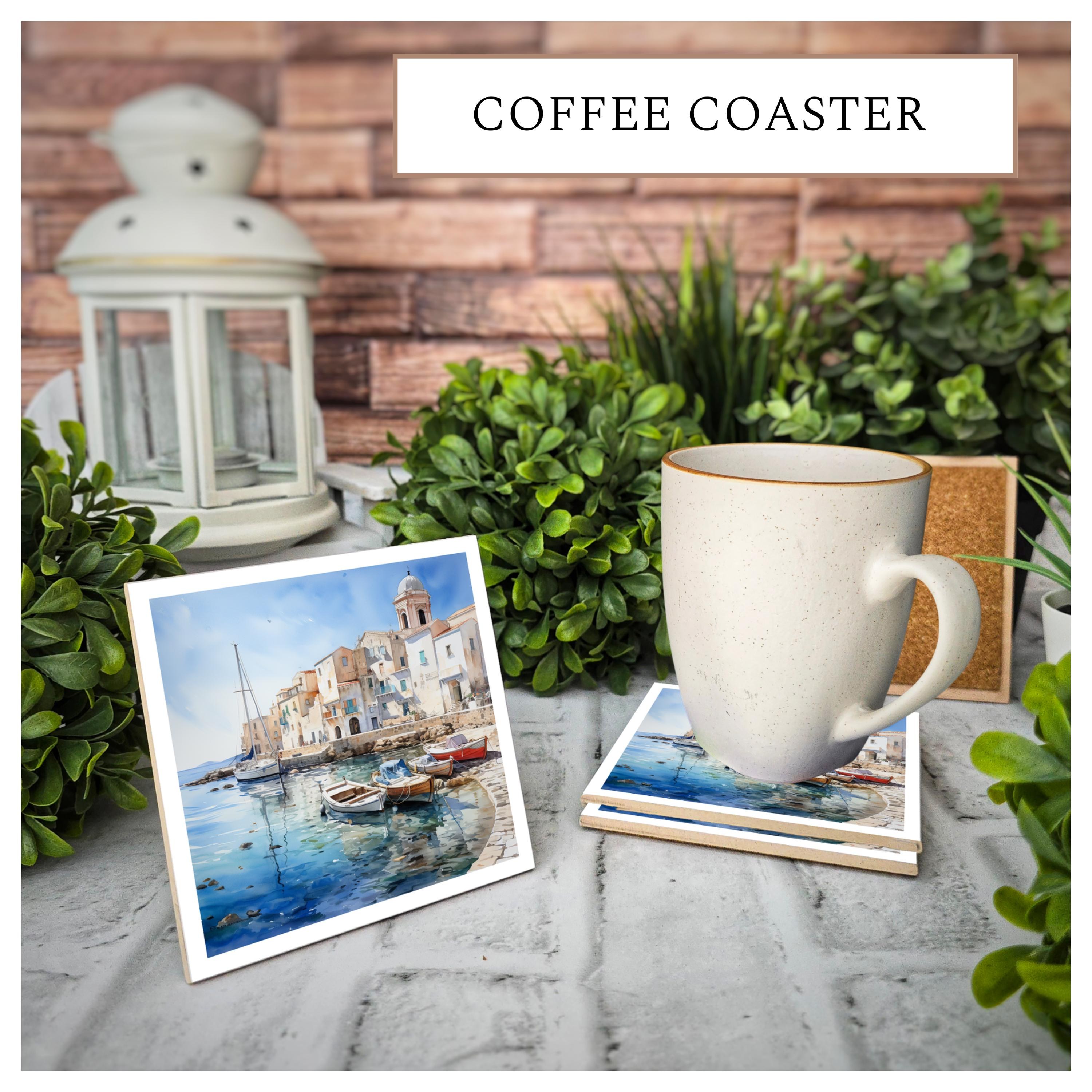 Coastal Ceramic Coasters: Waterfront Scene, Nautical Decor - Set of 4, detail 4
