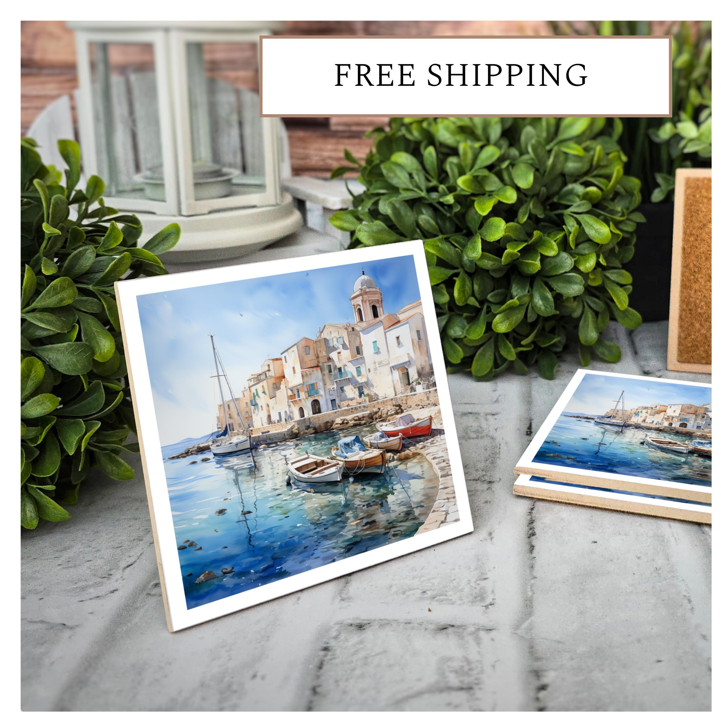 Coastal Ceramic Coasters: Waterfront Scene, Nautical Decor - Set of 4, detail 8