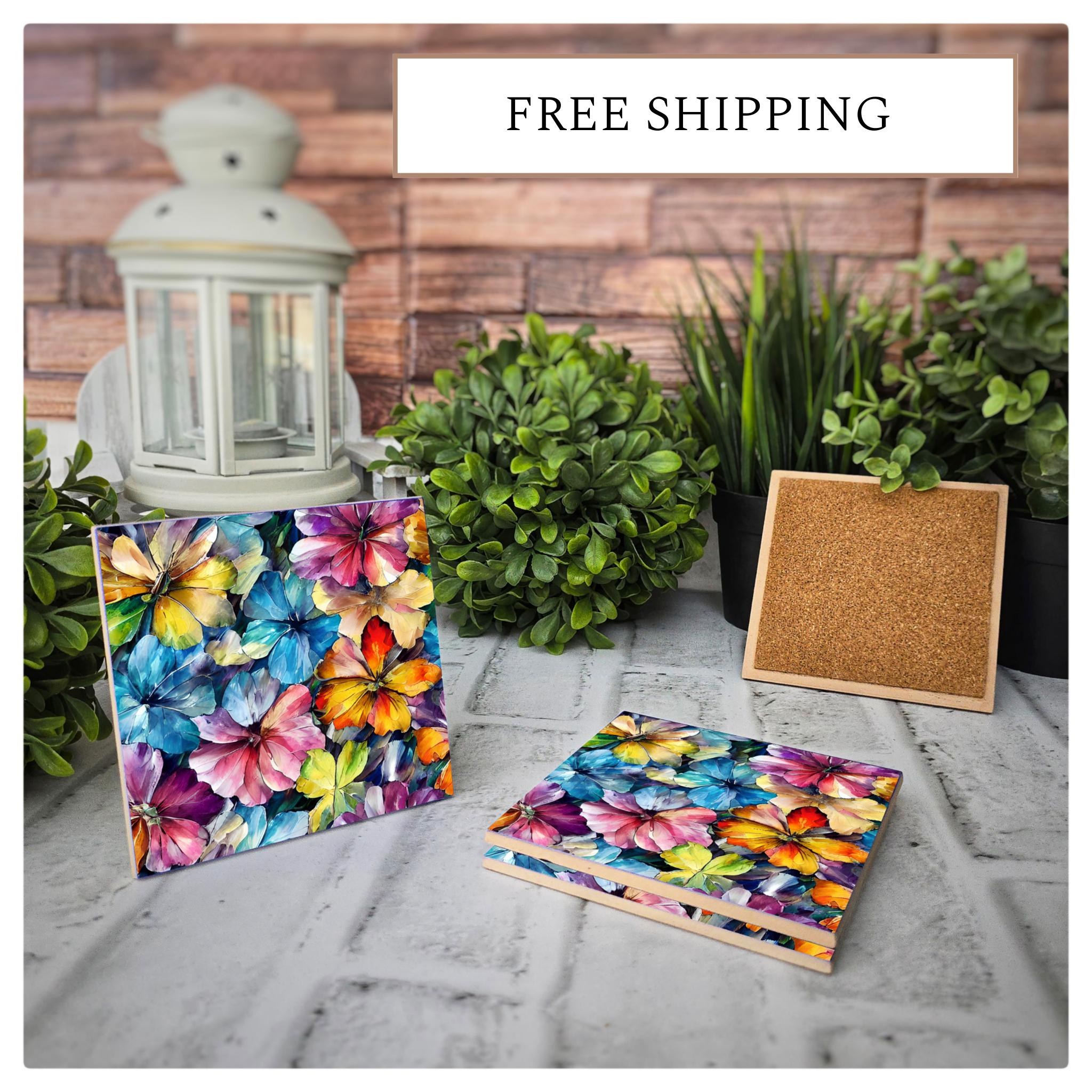 Floral Ceramic Coasters: Vibrant Flower Art, Cork Back (4.25"x4.25")