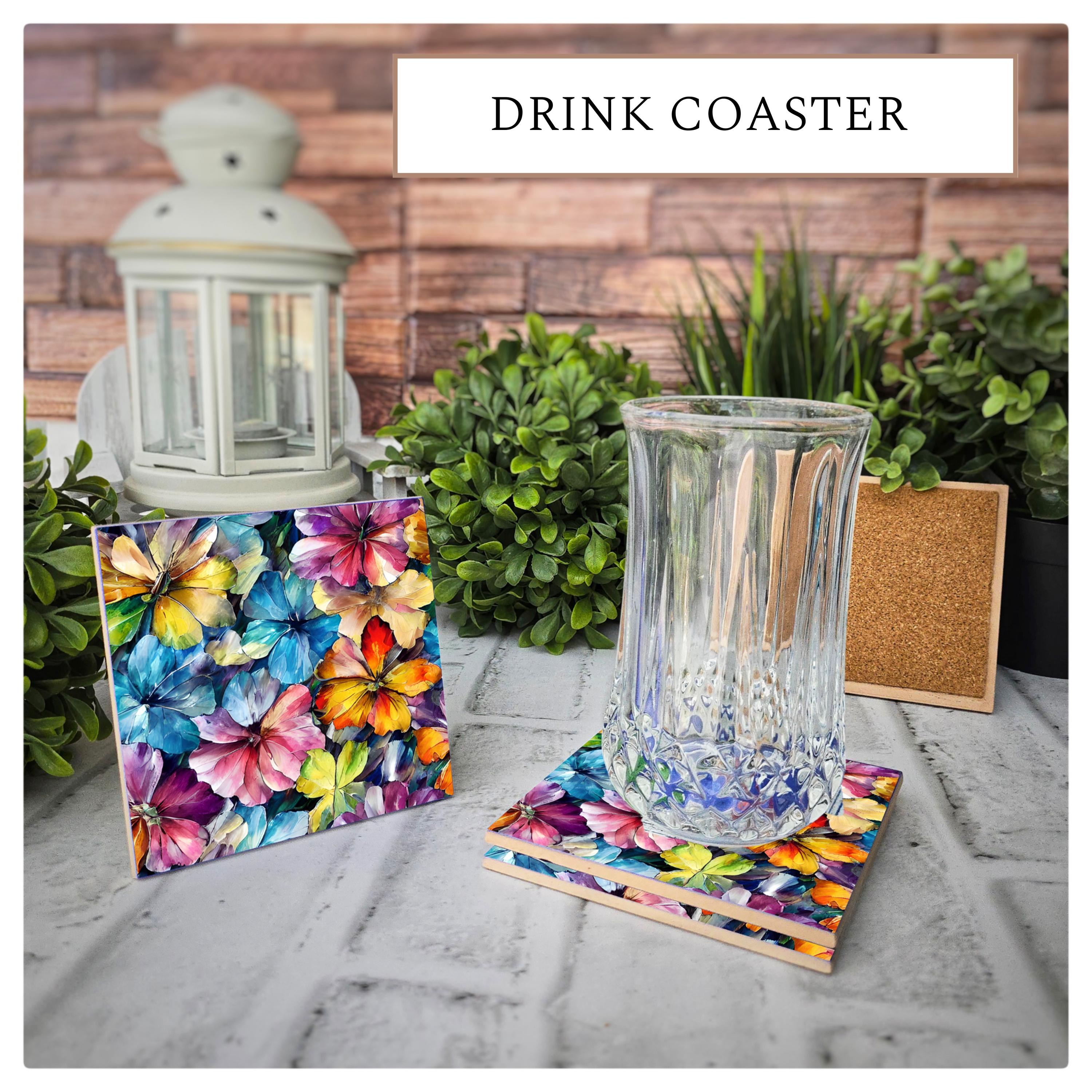 Floral Ceramic Coasters: Vibrant Flower Art, Cork Back (4.25"x4.25"), detail 2