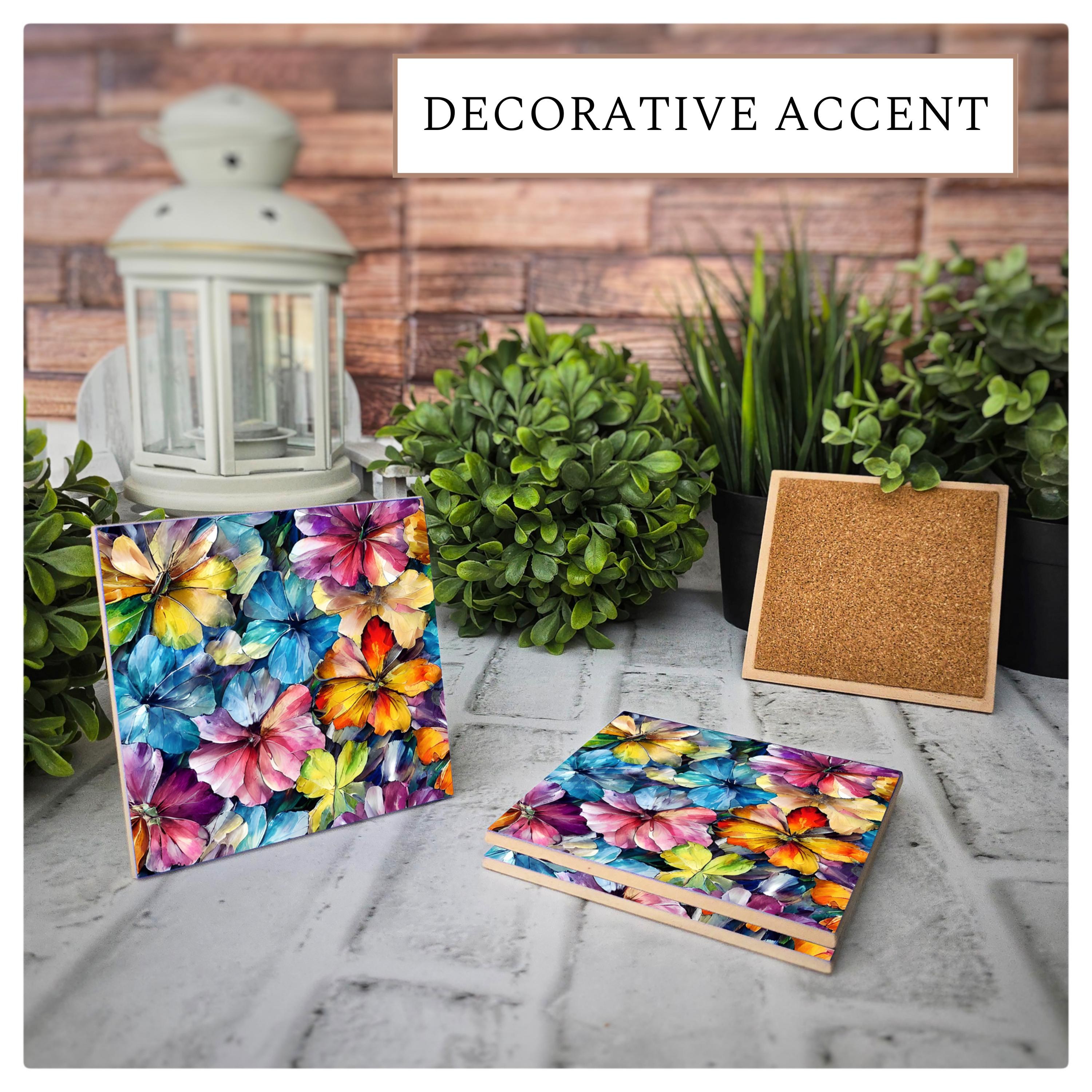 Floral Ceramic Coasters: Vibrant Flower Art, Cork Back (4.25"x4.25"), detail 6