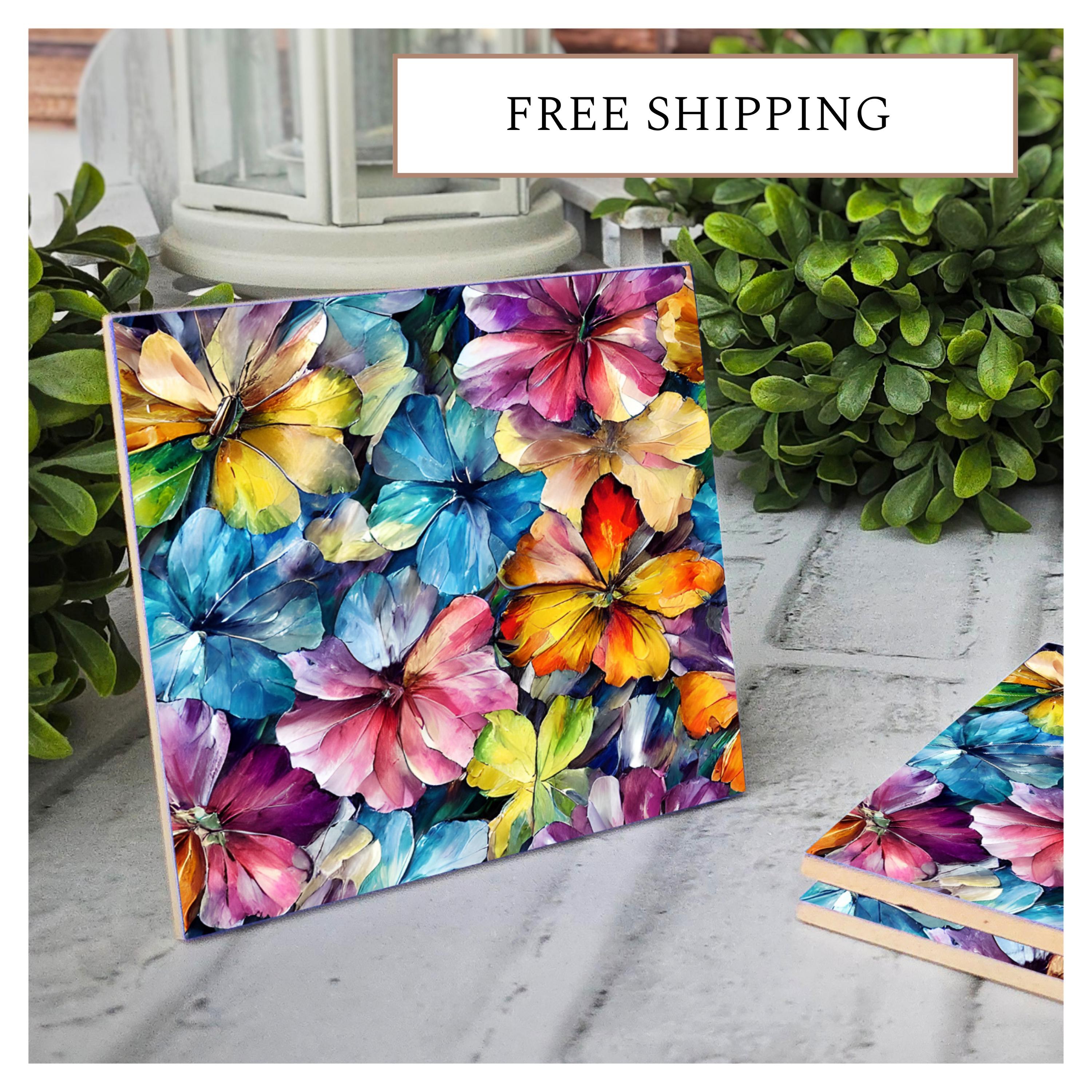Floral Ceramic Coasters: Vibrant Flower Art, Cork Back (4.25"x4.25"), detail 8