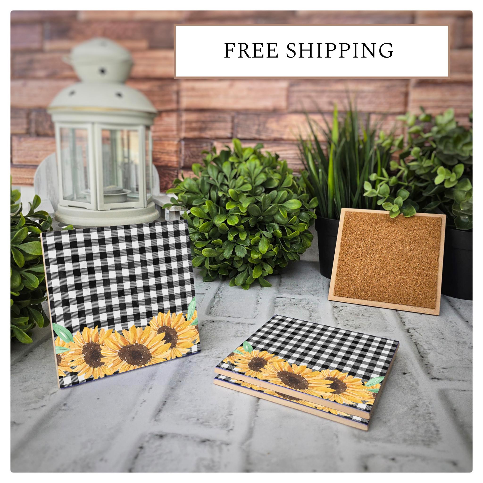 Sunflower Gingham Ceramic Coasters: Farmhouse Decor - Set of 4