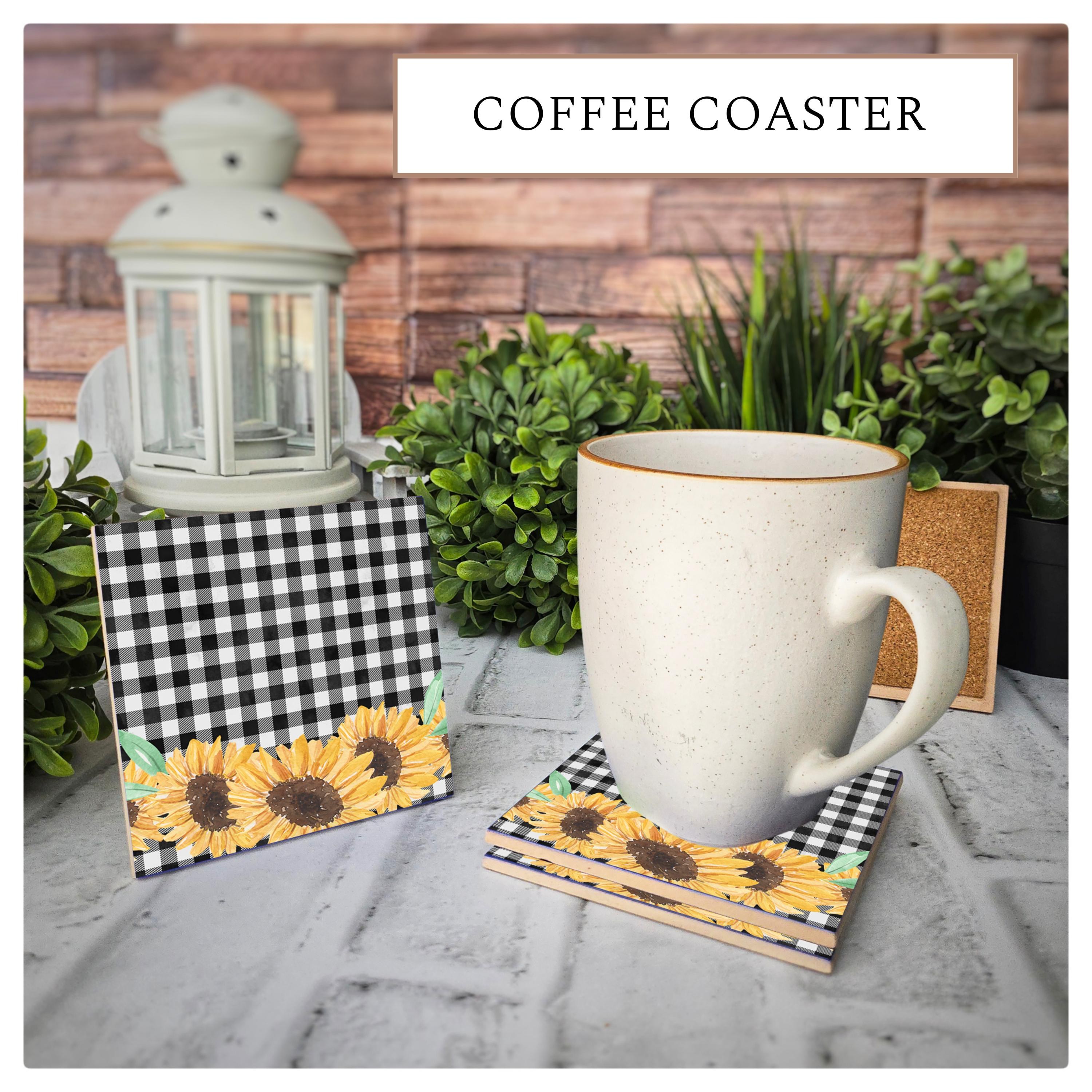 Sunflower Gingham Ceramic Coasters: Farmhouse Decor - Set of 4, detail 3