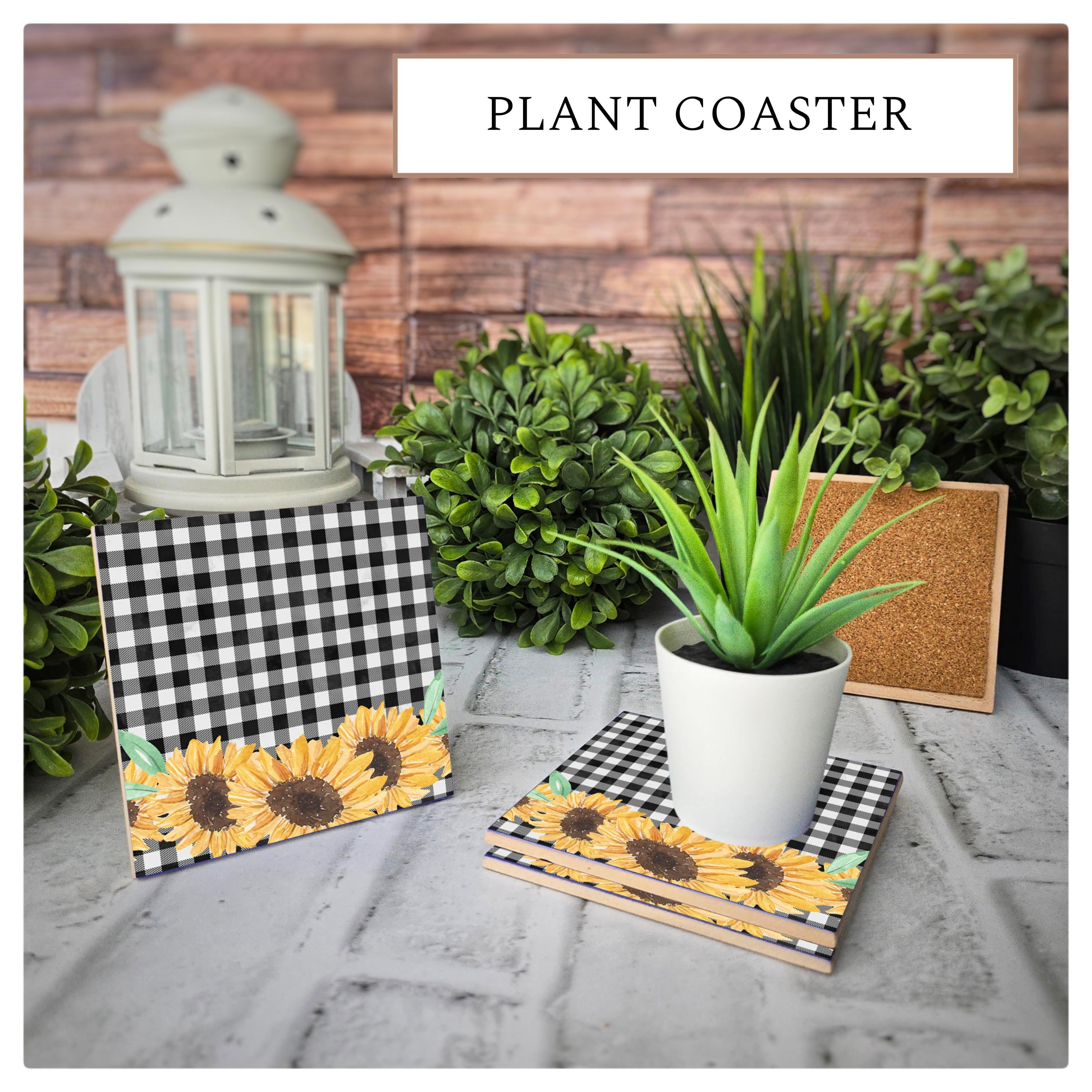 Sunflower Gingham Ceramic Coasters: Farmhouse Decor - Set of 4, detail 5