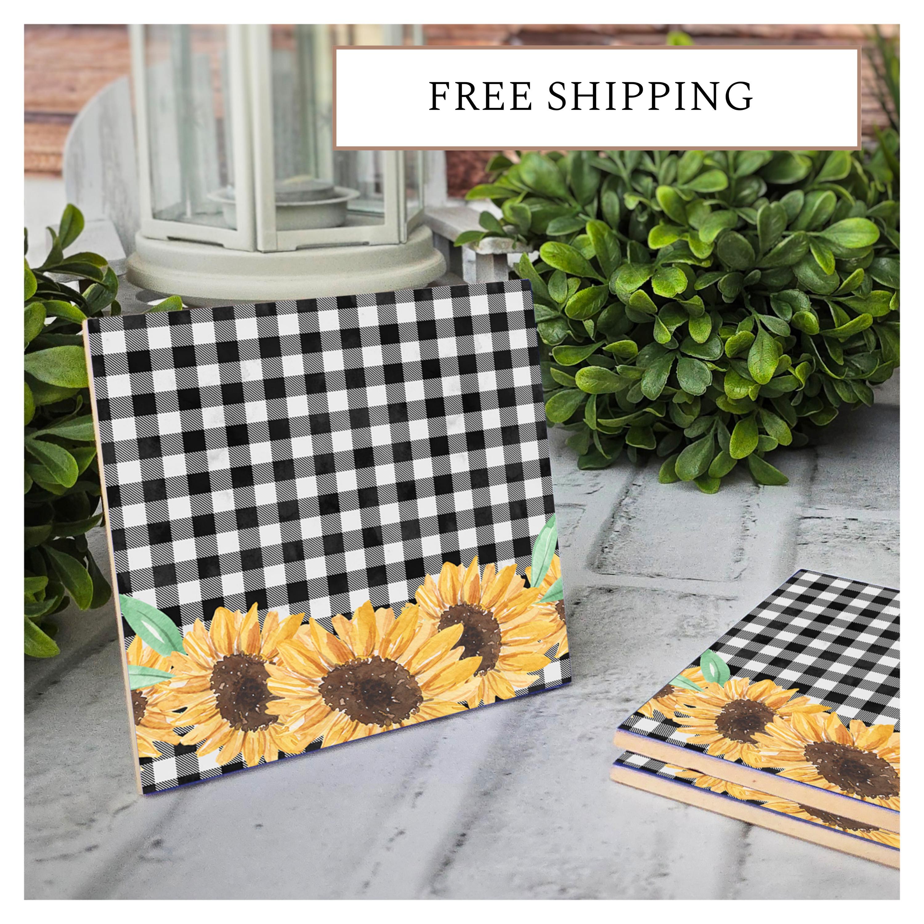 Sunflower Gingham Ceramic Coasters: Farmhouse Decor - Set of 4, detail 8