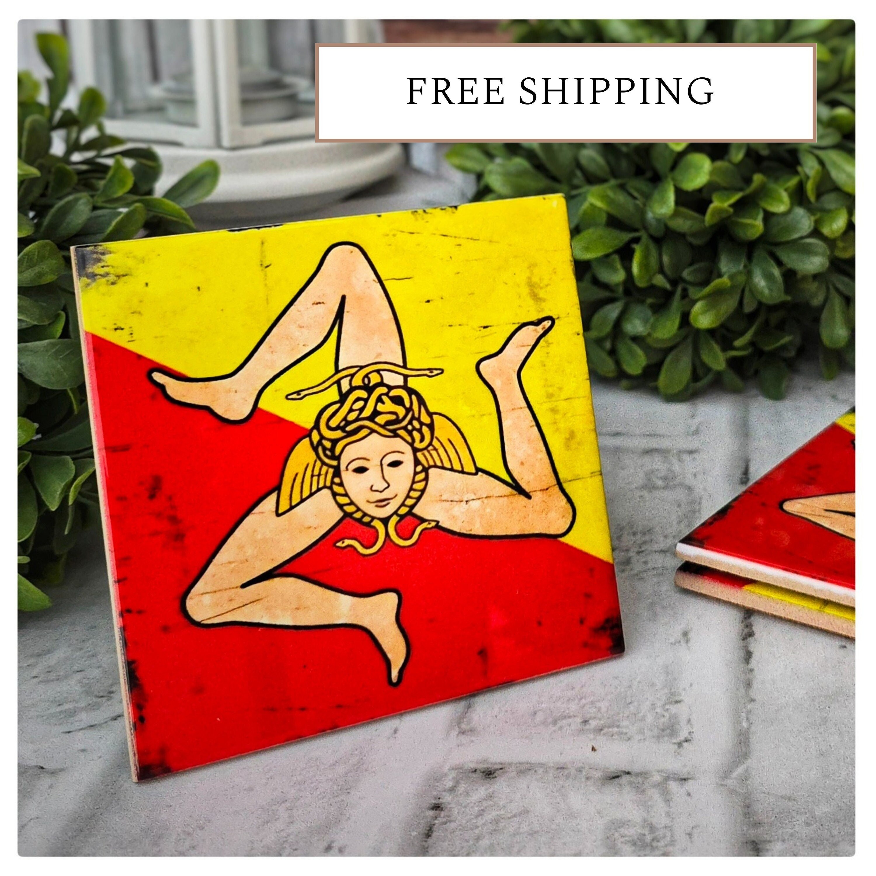 Sicilian Flag Ceramic Coasters, Set of 4 – Sicily Trinacria Italian Heritage Gift, detail 8